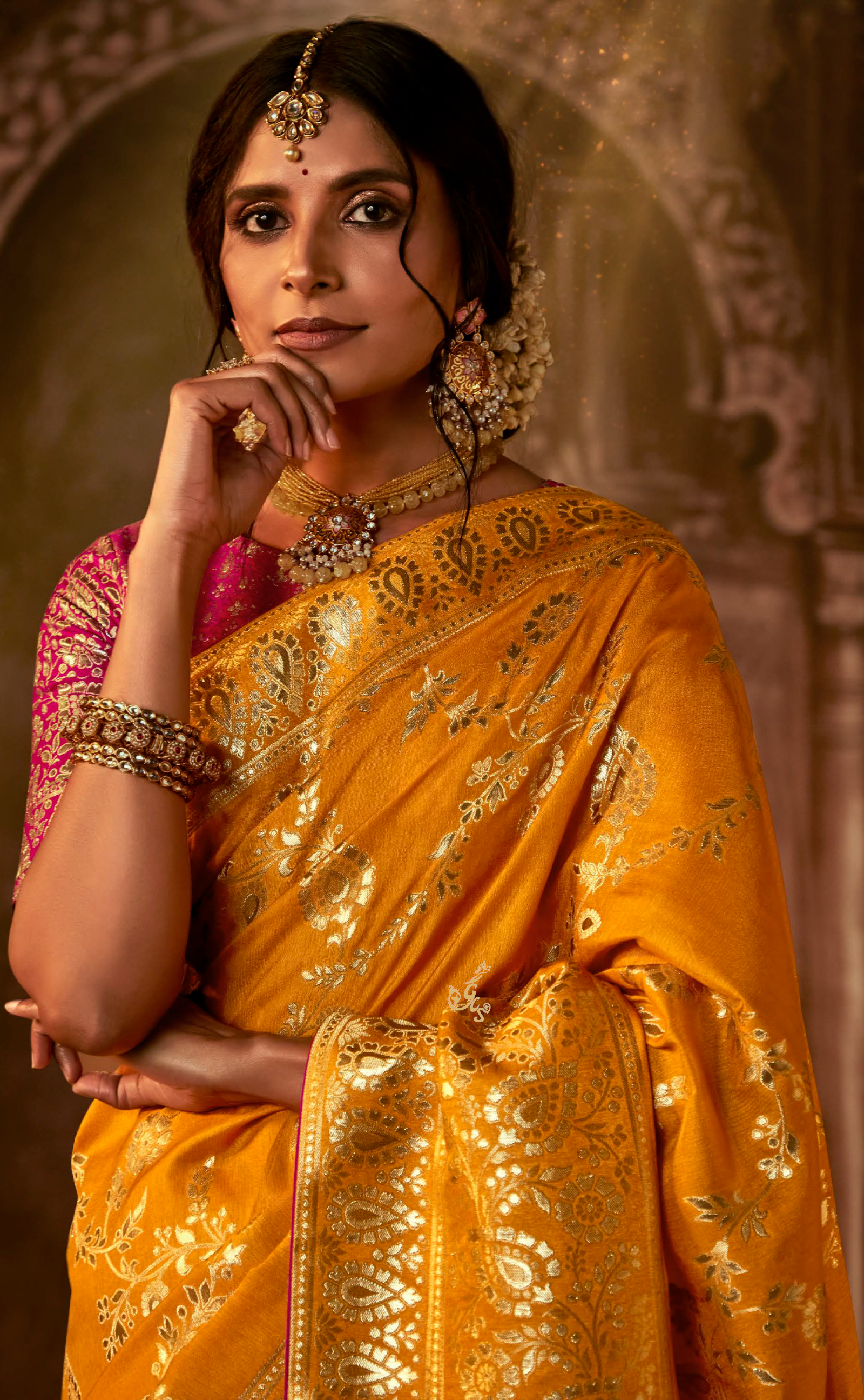 Mustard Saree In Banarasi Vegan Muga Silk