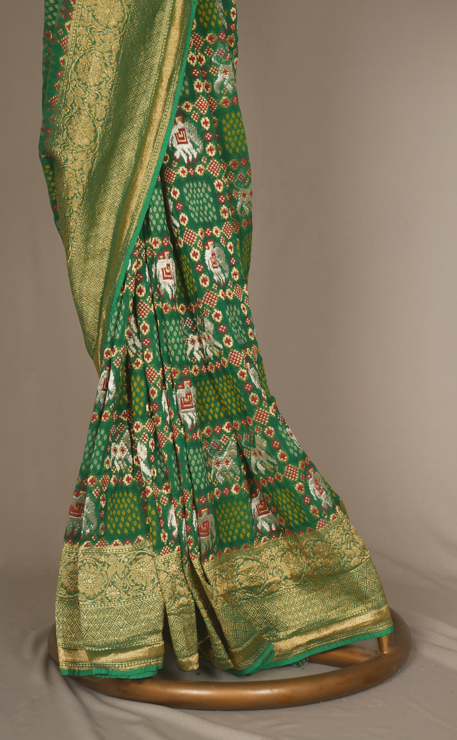 Leaf Green Khaddi Vegan Georgette Bandhani And Patola Design