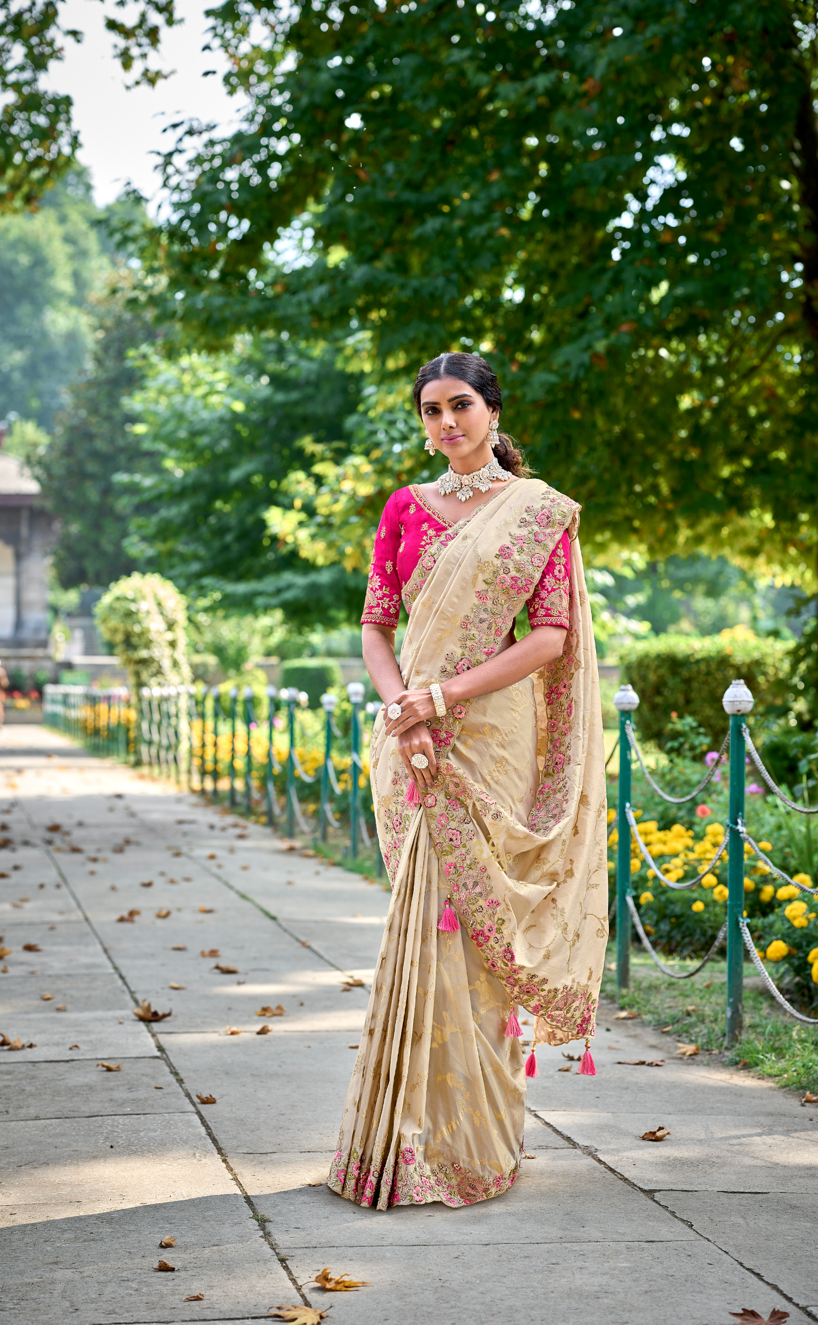 Vanilla Embroidered Saree In Banarasi Vegan Tissue Silk