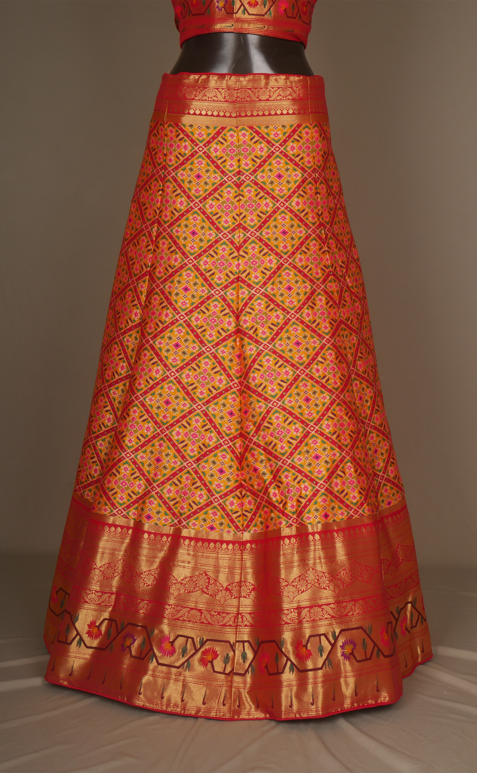 Mustard Patola Vegan Silk Banarasi With Paithani Border Semi-Stitched Lehenga