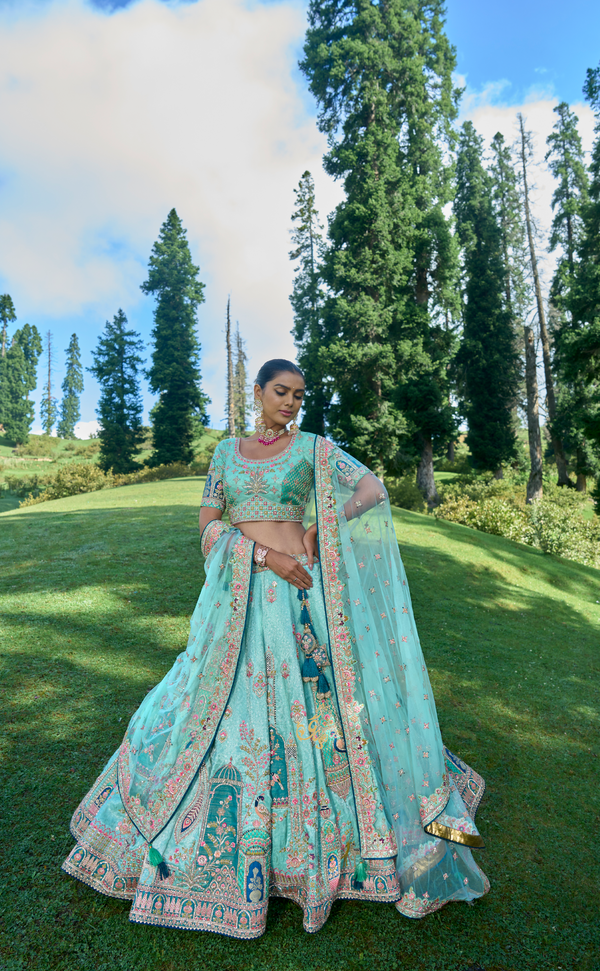 Sky Blue Embroidered Lehenga In Vegan Soft Tissue