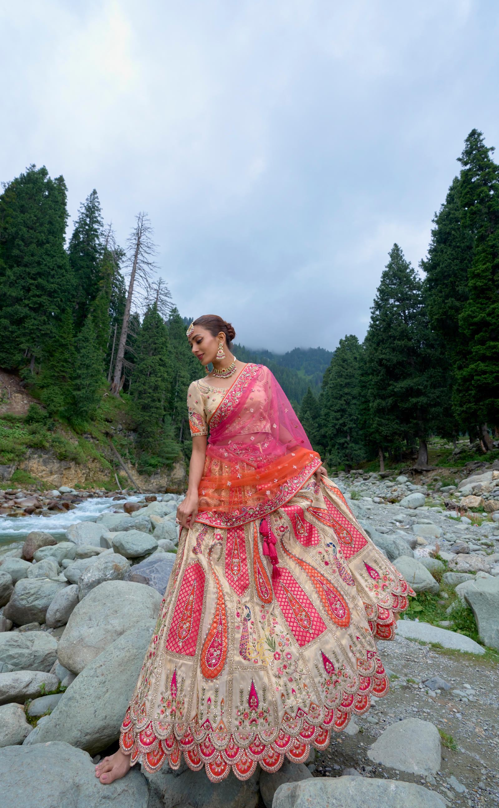 Creme Embroidered Lehenga In Vegan Soft Tissue