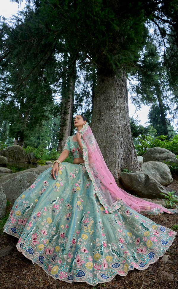 Blue Embroidered Lehenga In Vegan Soft Tissue