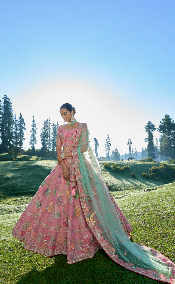 Pink Embroidered Lehenga In Vegan Soft Tissue