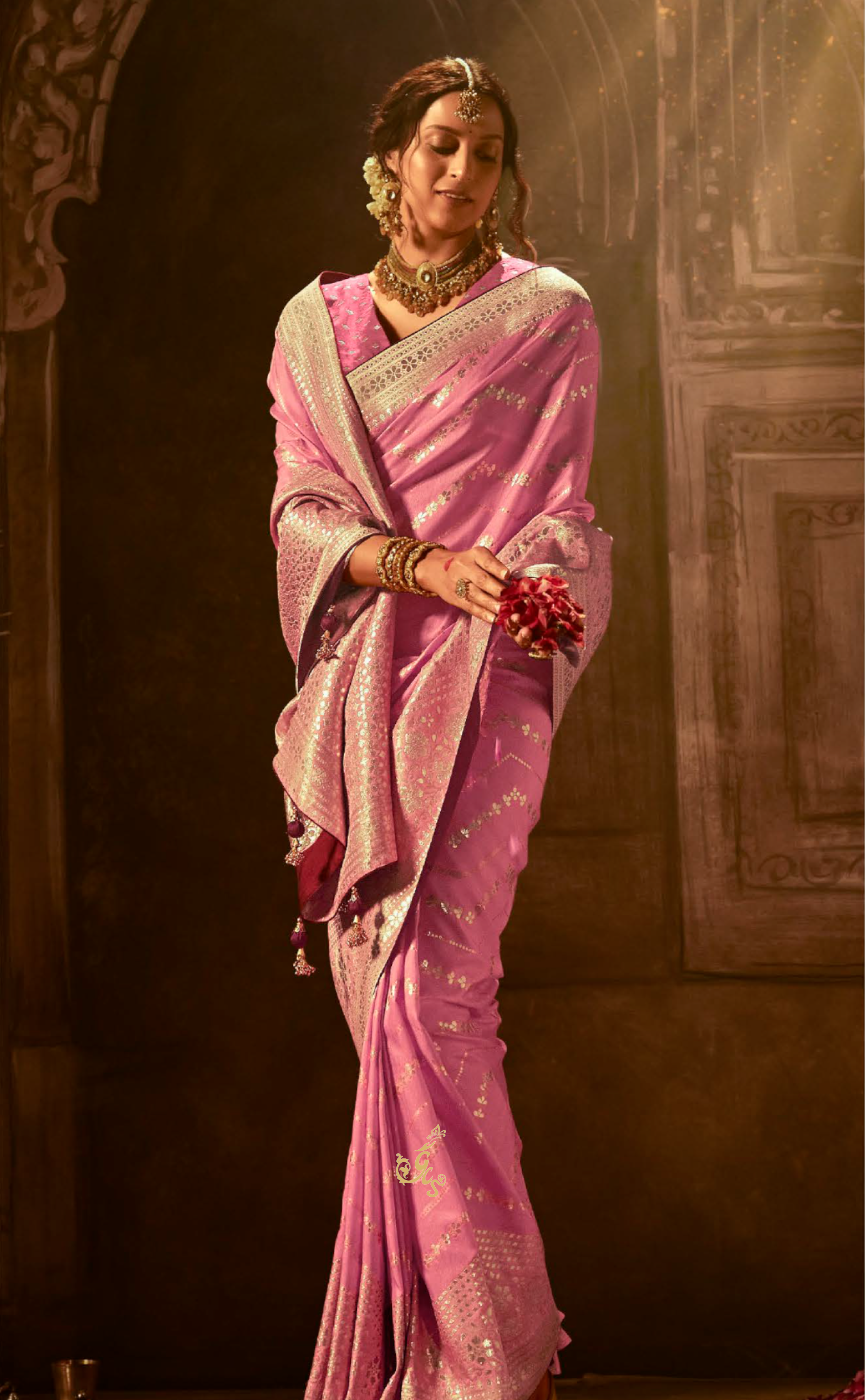 Tulip Pink Saree In Banarasi Vegan Muga Silk