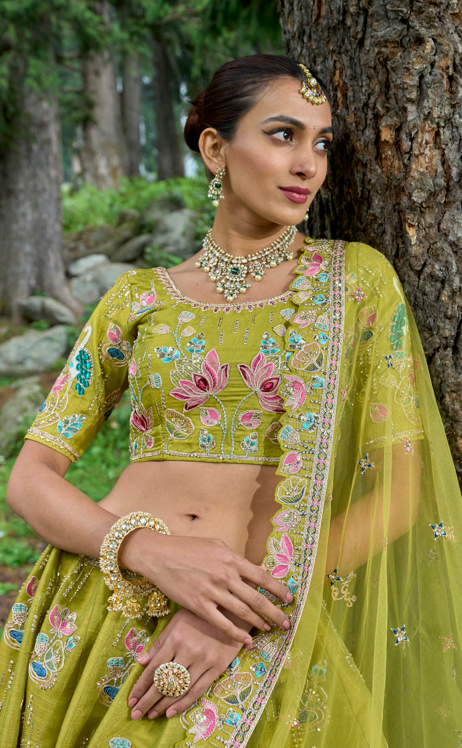 Green Embroidered Lehenga In Vegan Soft Tissue