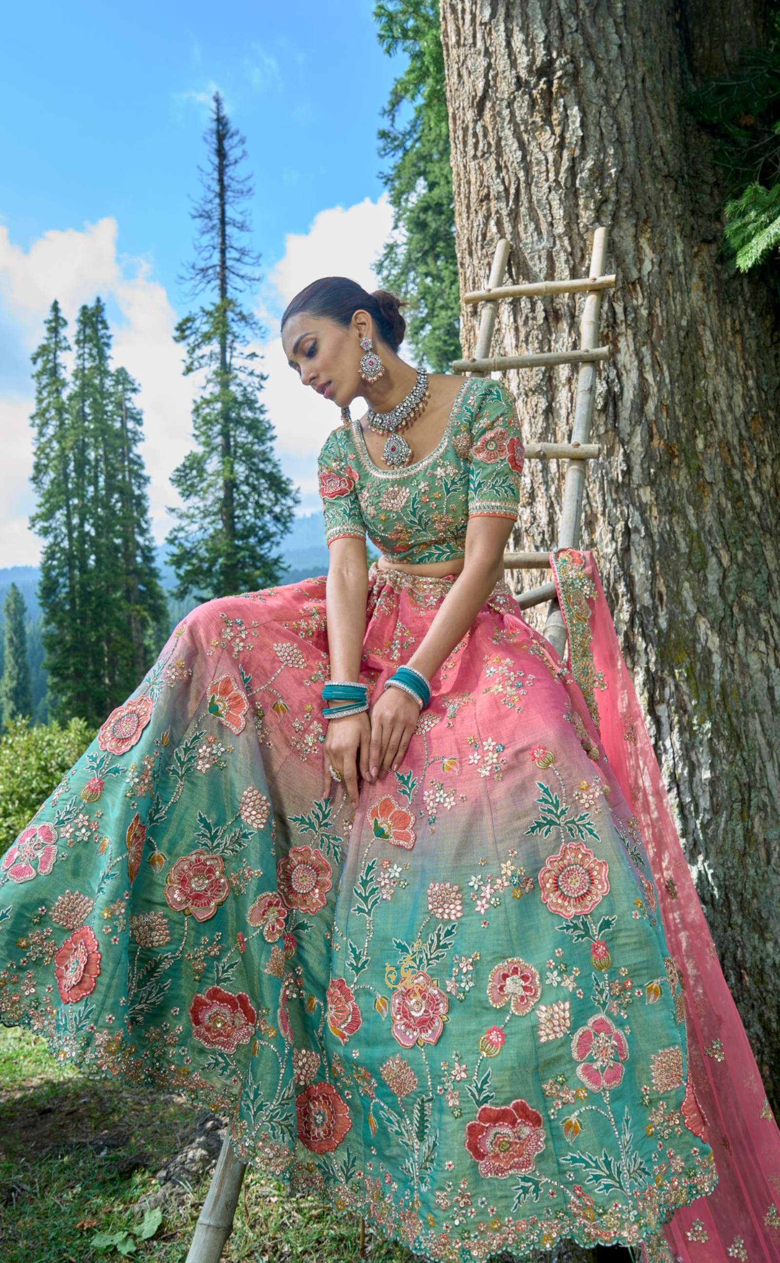 Blue Pink Shaded Embroidered Lehenga In Vegan Soft Tissue