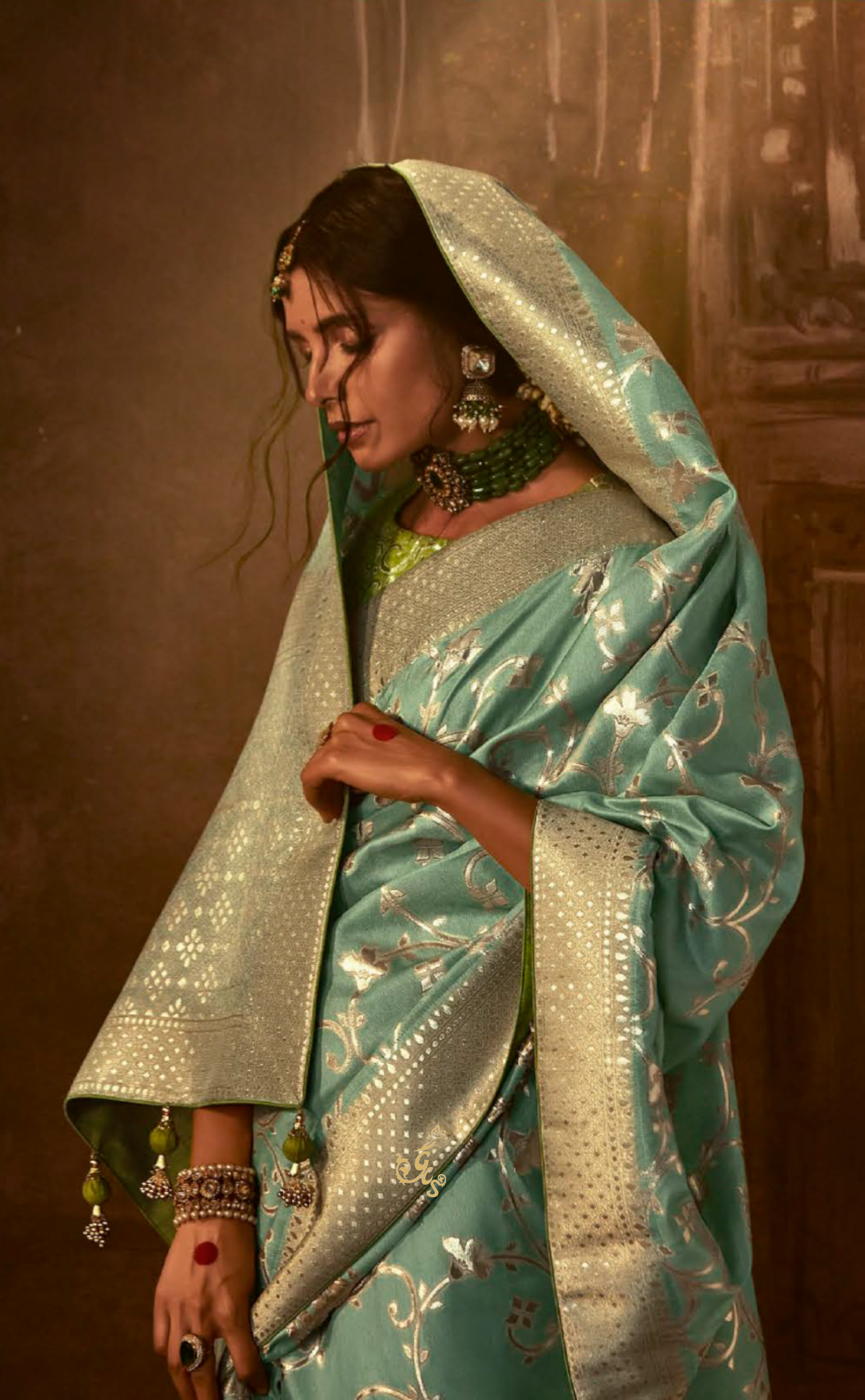 Sage Green Saree In Banarasi Vegan Muga Silk