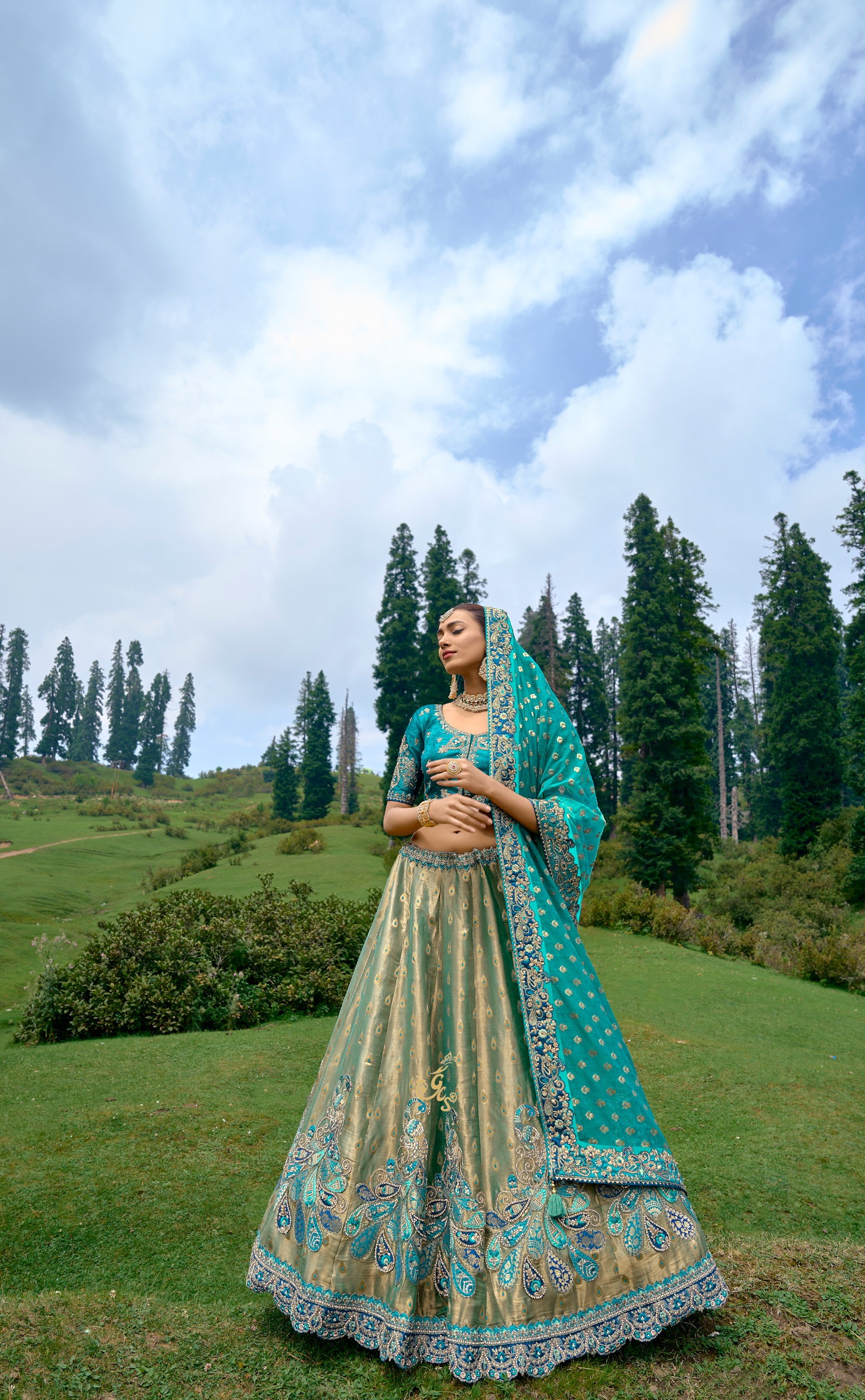 Greenish Blue Embroidered Lehenga In Banarasi Vegan Soft Tissue