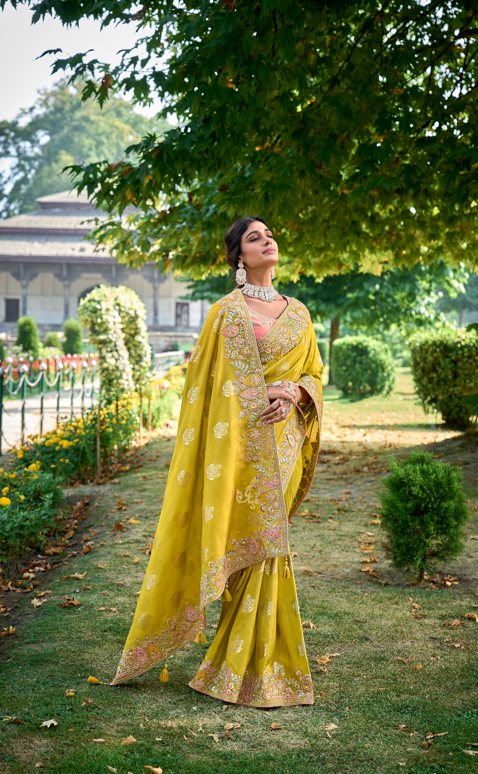 Turmeric Embroidered Saree In Banarasi Vegan Tissue Silk