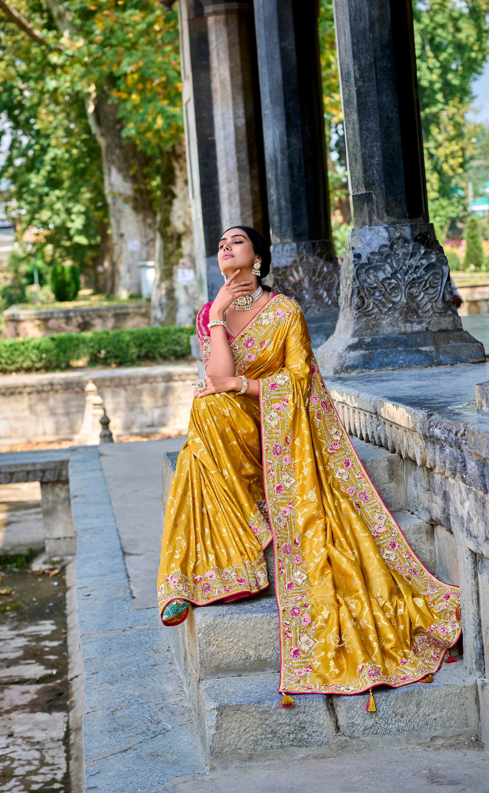 Tulip Tree Embroidered Saree In Banarasi Vegan Tissue Silk