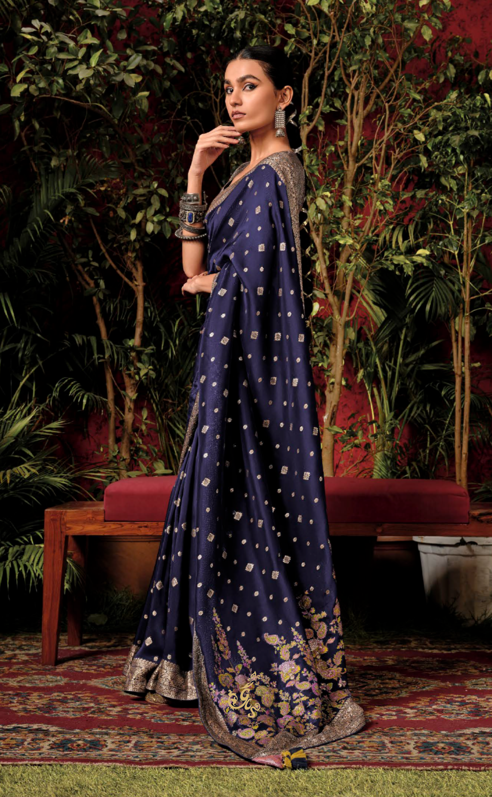 Navy Blue Saree In Banarasi Vegan Muga Silk