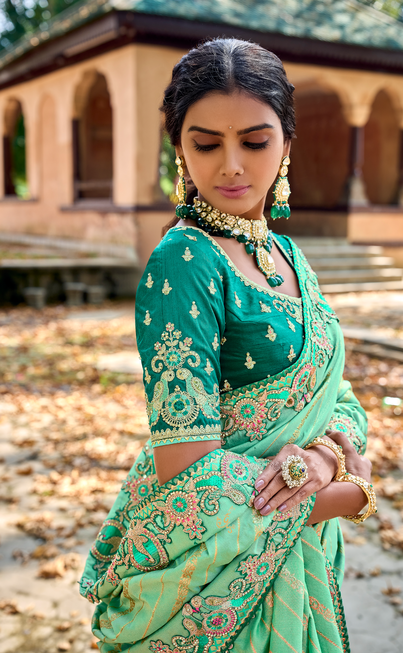 Magic Mint Embroidered Saree In Banarasi Vegan Tissue Silk