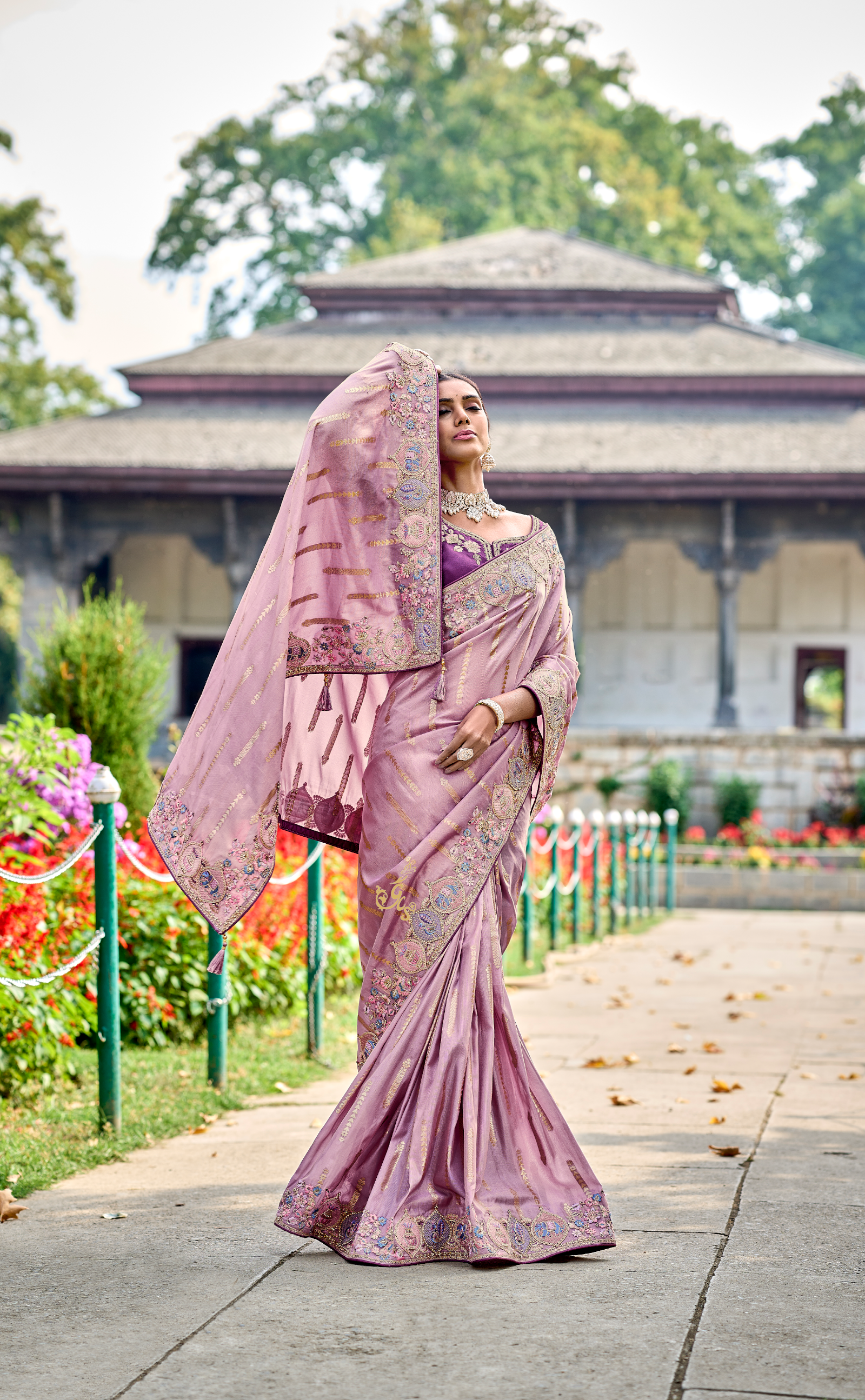 Careys Pink Embroidered Saree In Banarasi Vegan Tissue Silk