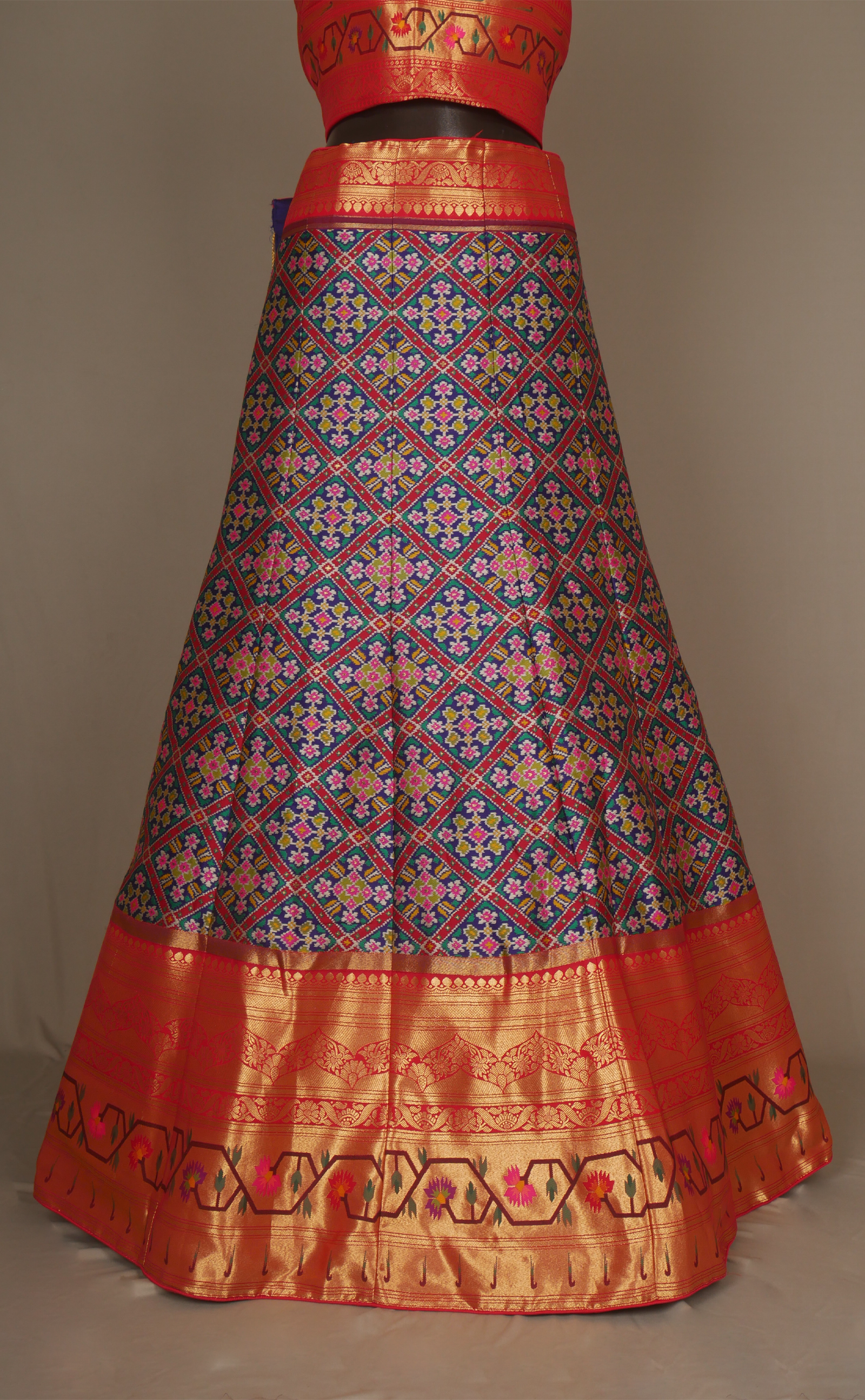 Navy Blue Patola Vegan Silk Banarasi With Paithani Border Semi-Stitched Lehenga