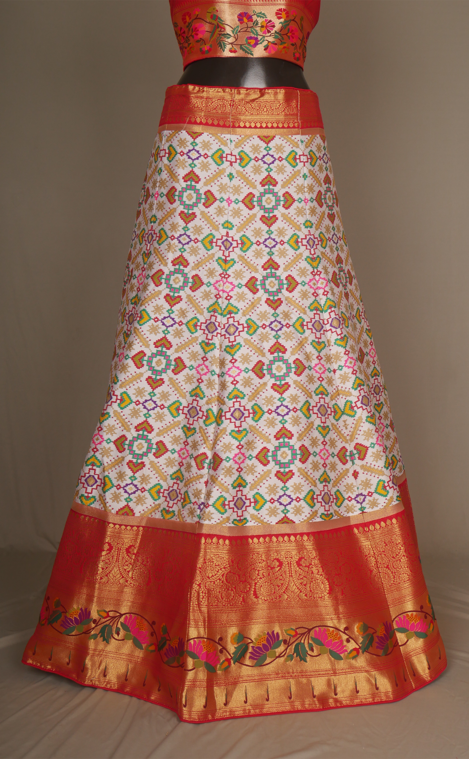 Off-White Patola Vegan Silk Banarasi With Paithani Border Semi-Stitched Lehenga