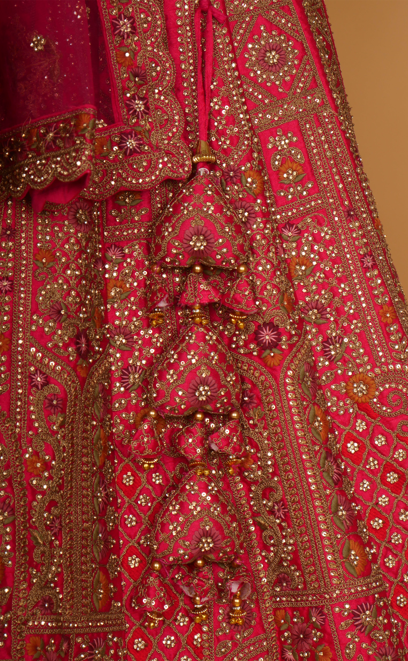 Rani Antique Work Bridal Lehenga In Vegan Raw Silk