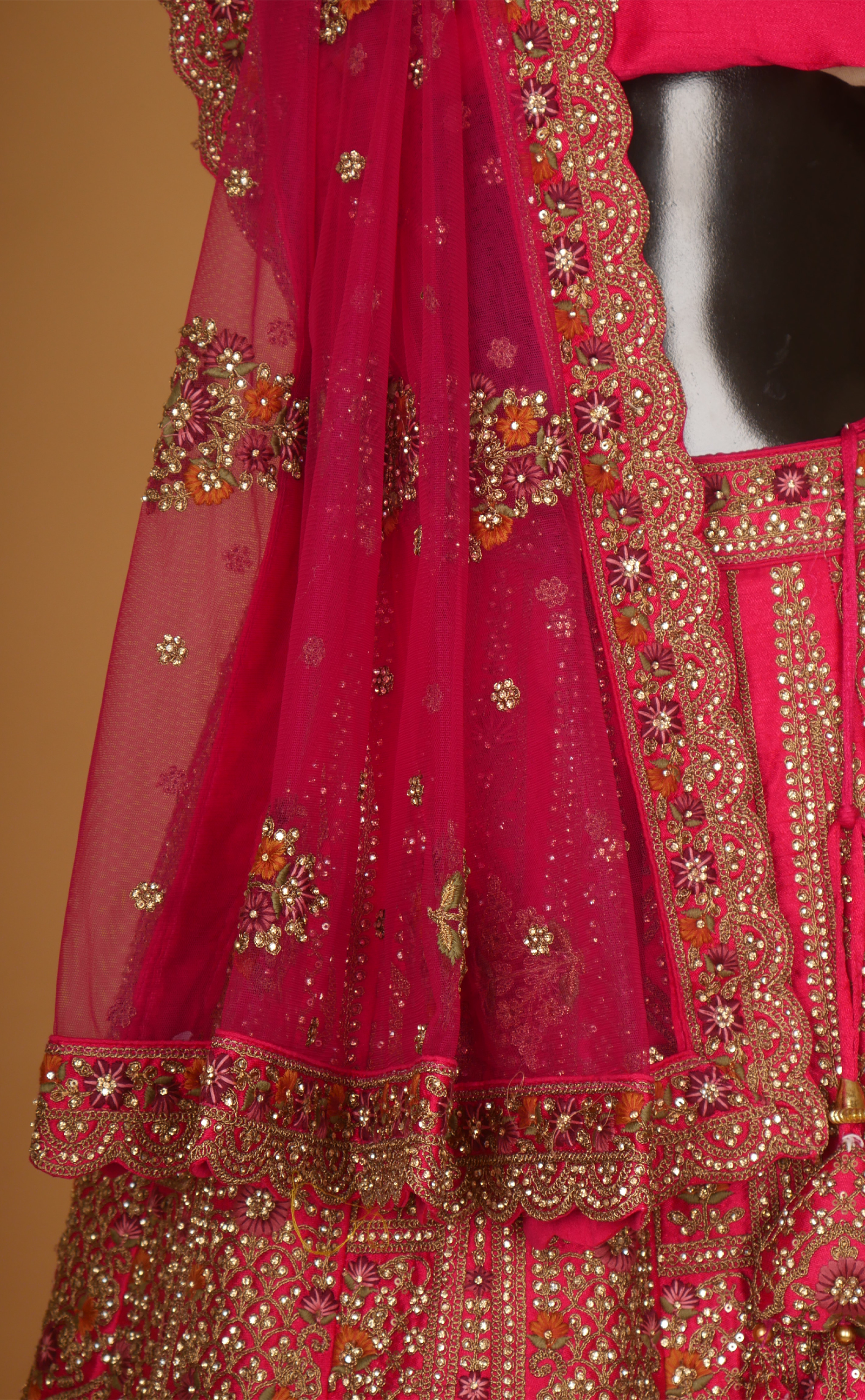 Rani Antique Work Bridal Lehenga In Vegan Raw Silk