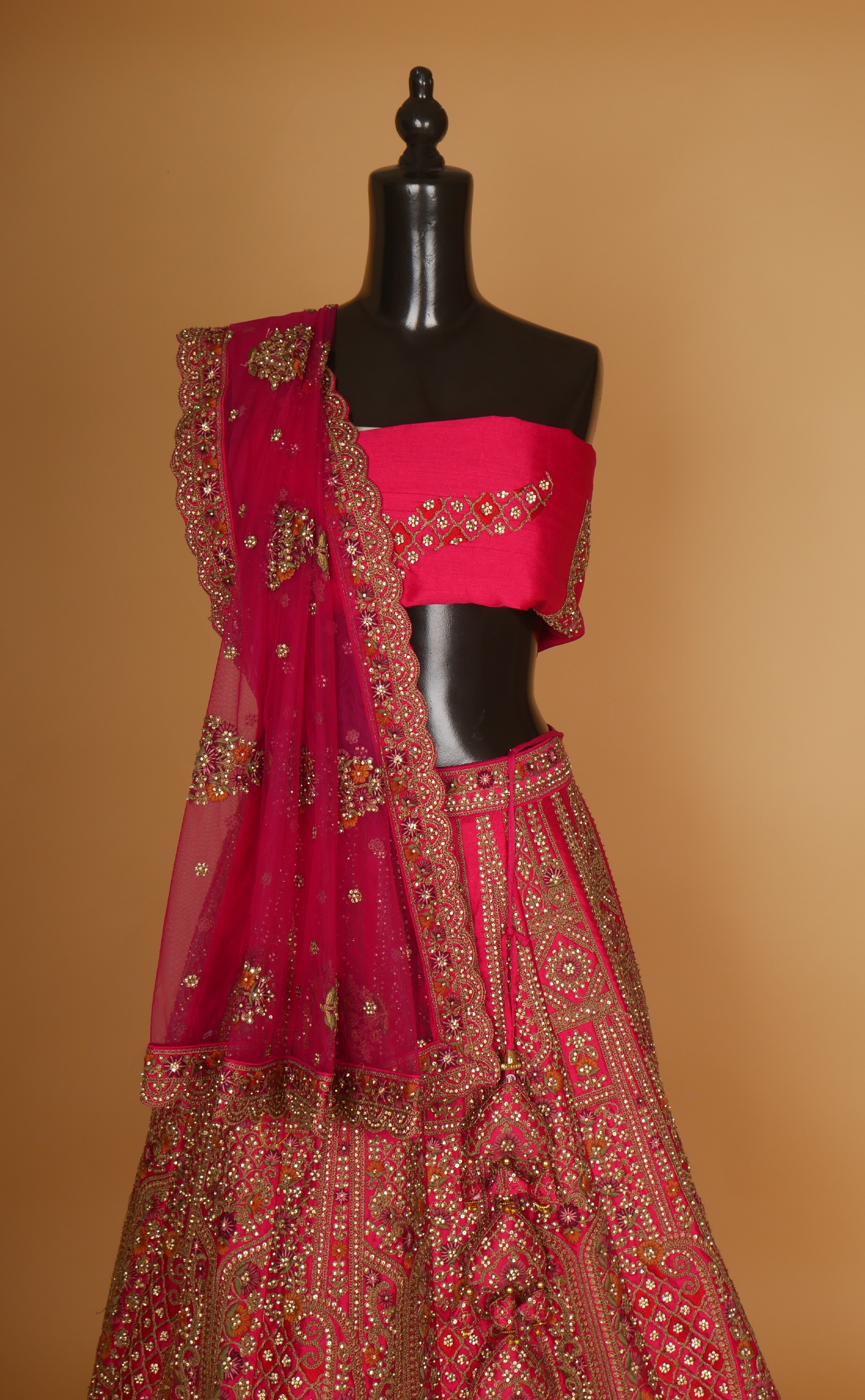 Rani Antique Work Bridal Lehenga In Vegan Raw Silk