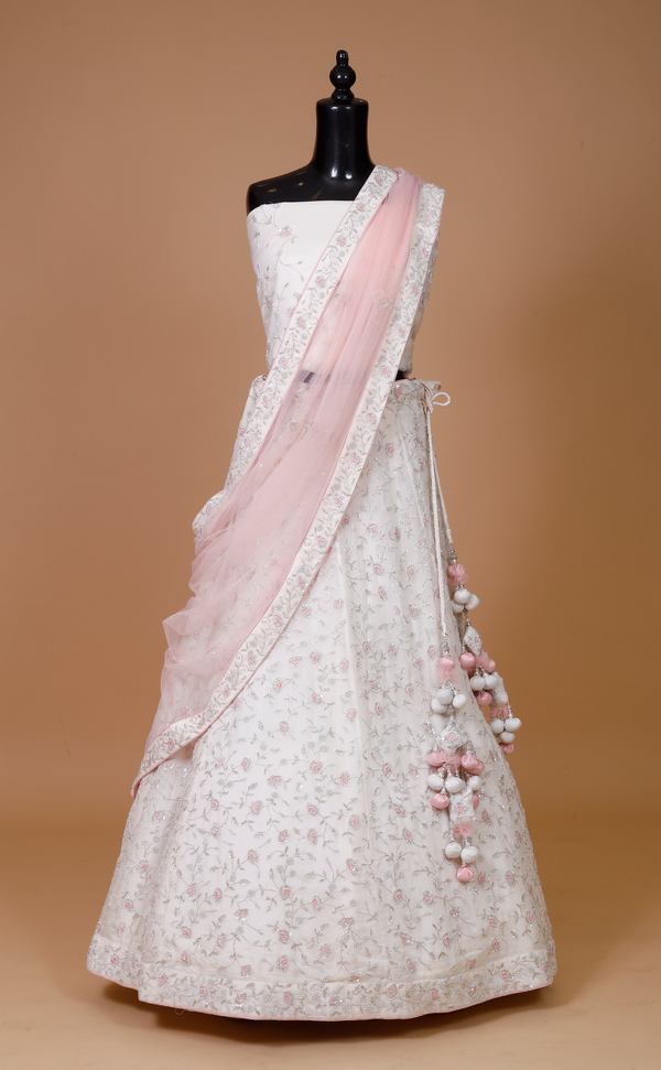 Off-White Hand Embroidery Bridal Lehenga In Vegan Organza