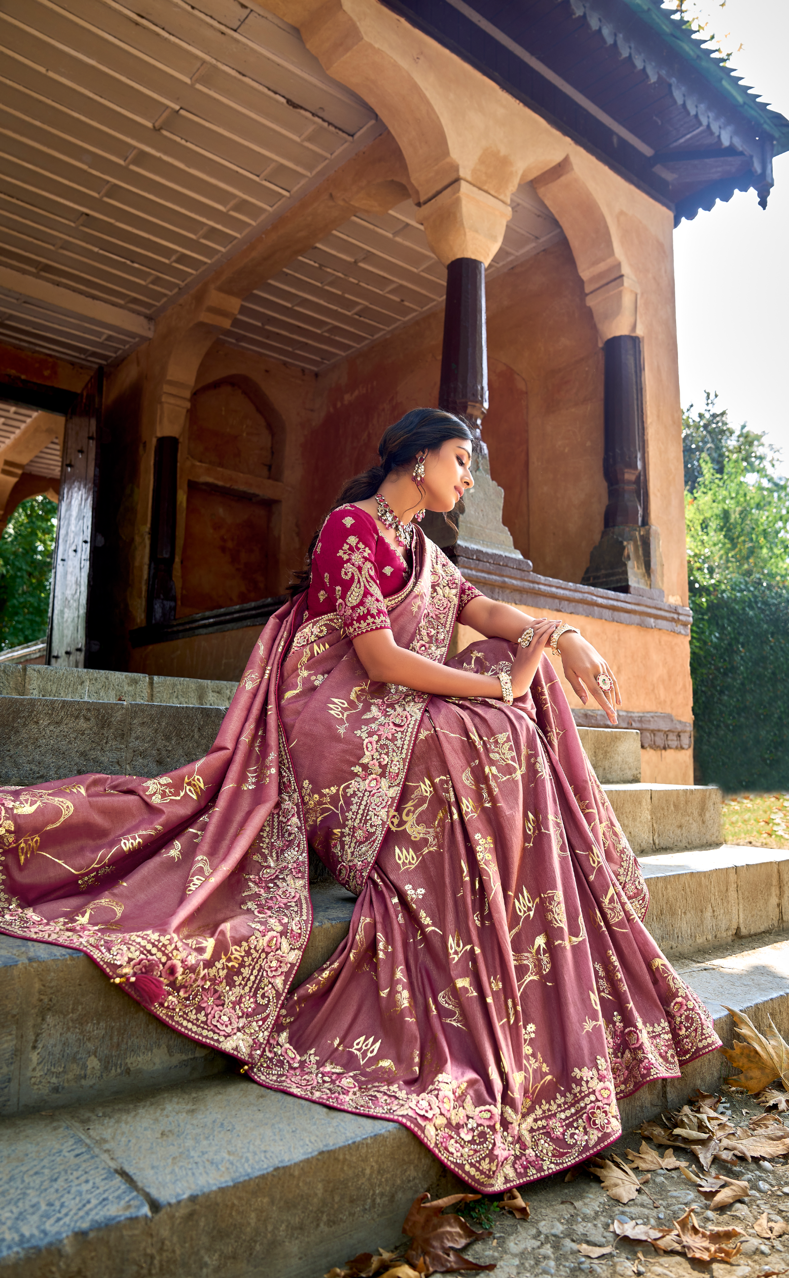 Coral Tree Embroidered Saree In Banarasi Vegan Tissue Silk