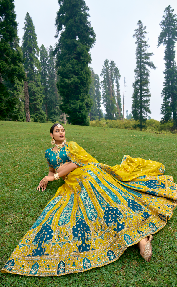 Mustard Embroidered Lehenga In Banarasi Vegan Raw Silk