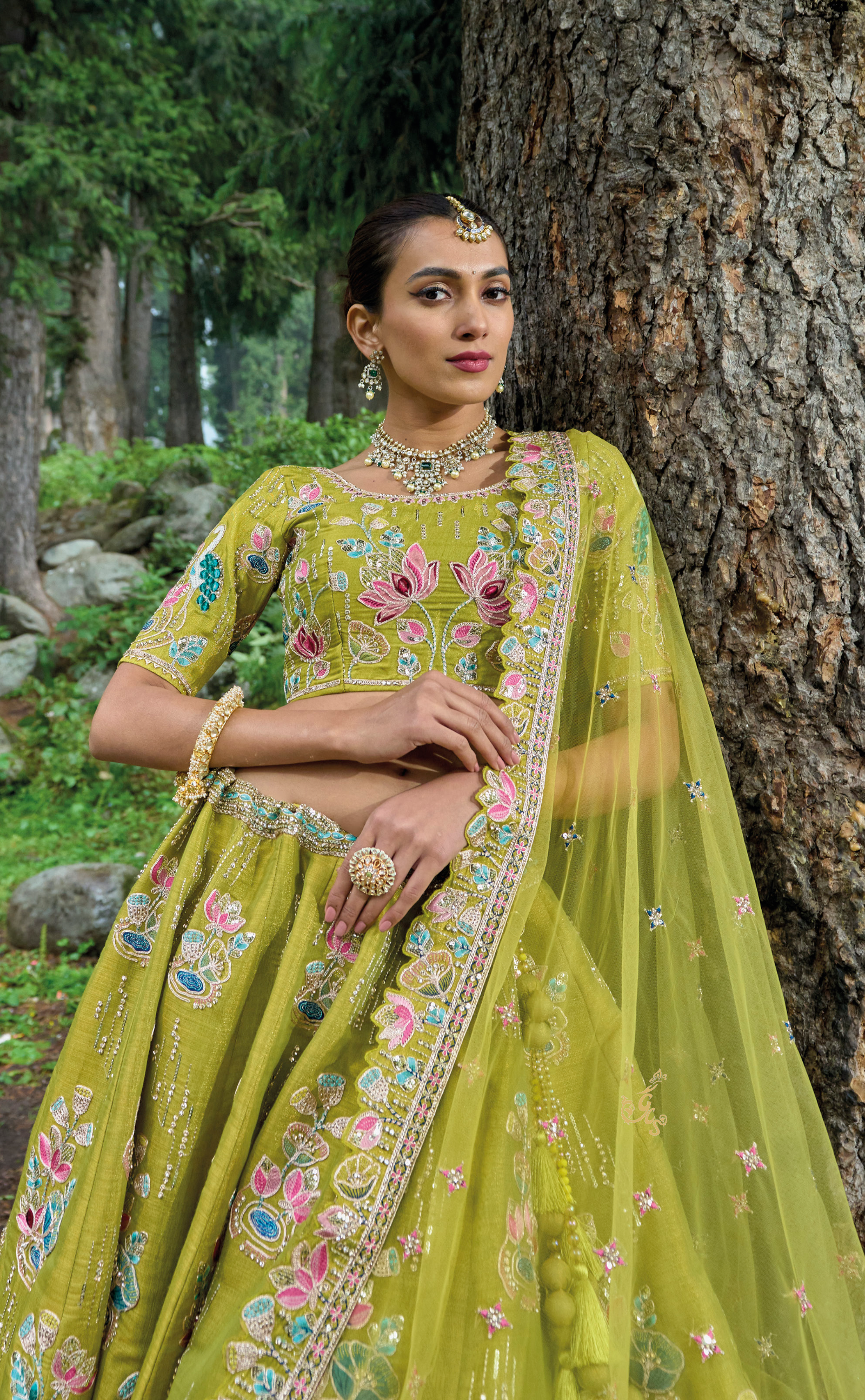 Green Embroidered Lehenga In Vegan Soft Tissue