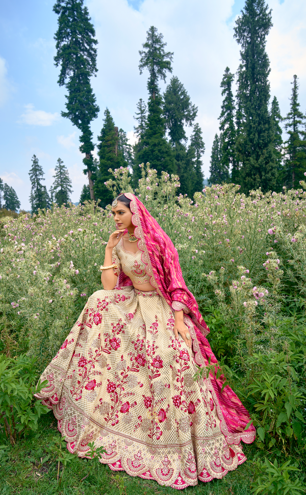 Off-White Embroidered Lehenga In Banarasi Vegan Silk