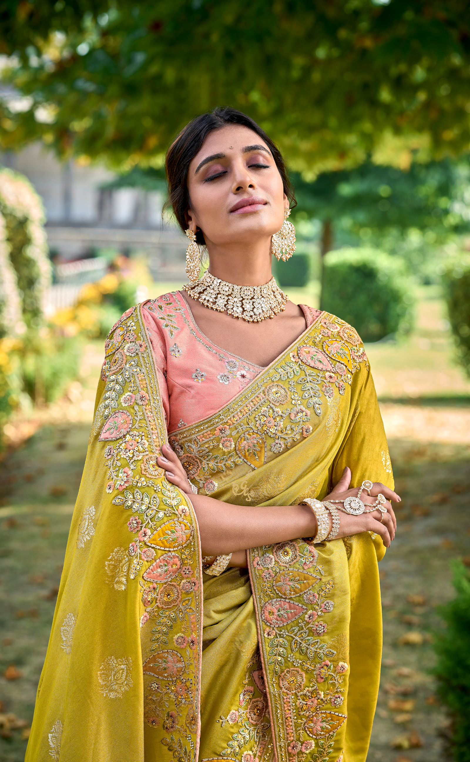 Turmeric Embroidered Saree In Banarasi Vegan Tissue Silk