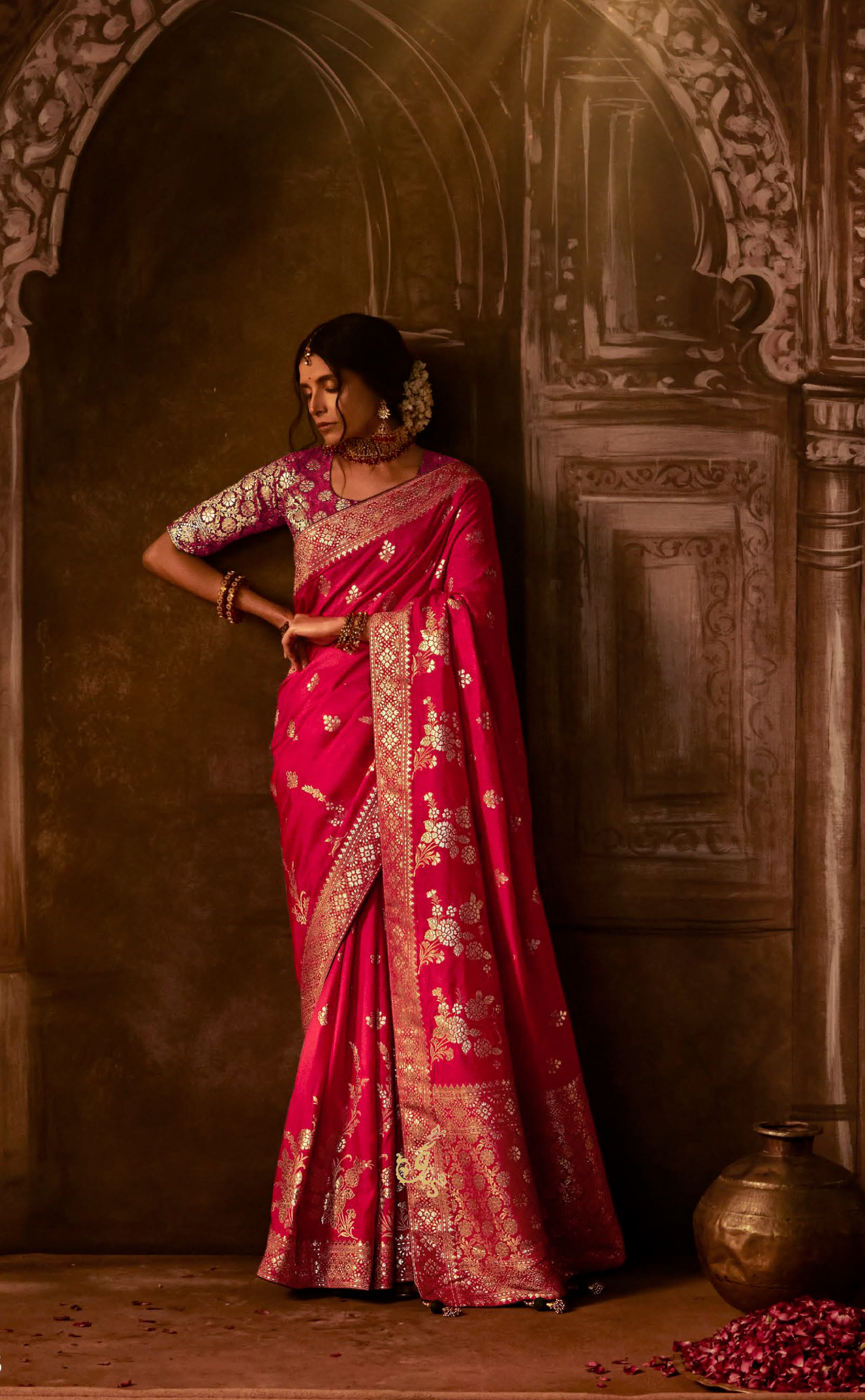 Raspberry Saree In Banarasi Vegan Muga Silk