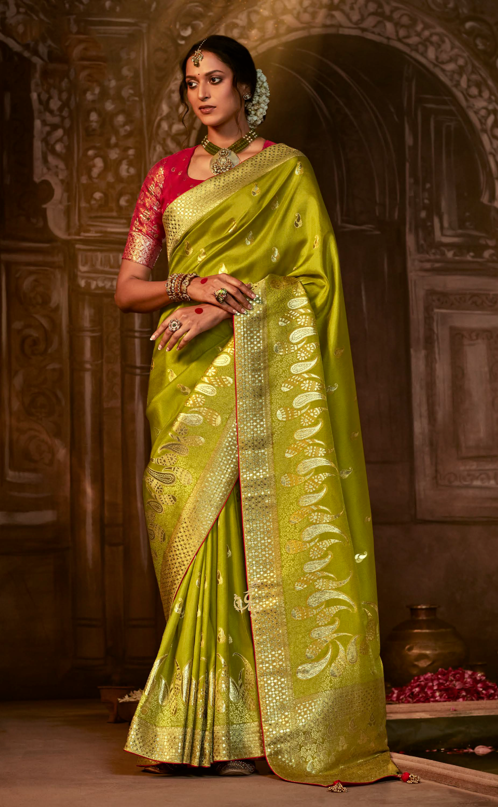 Brown Yellow Saree In Banarasi Vegan Muga Silk