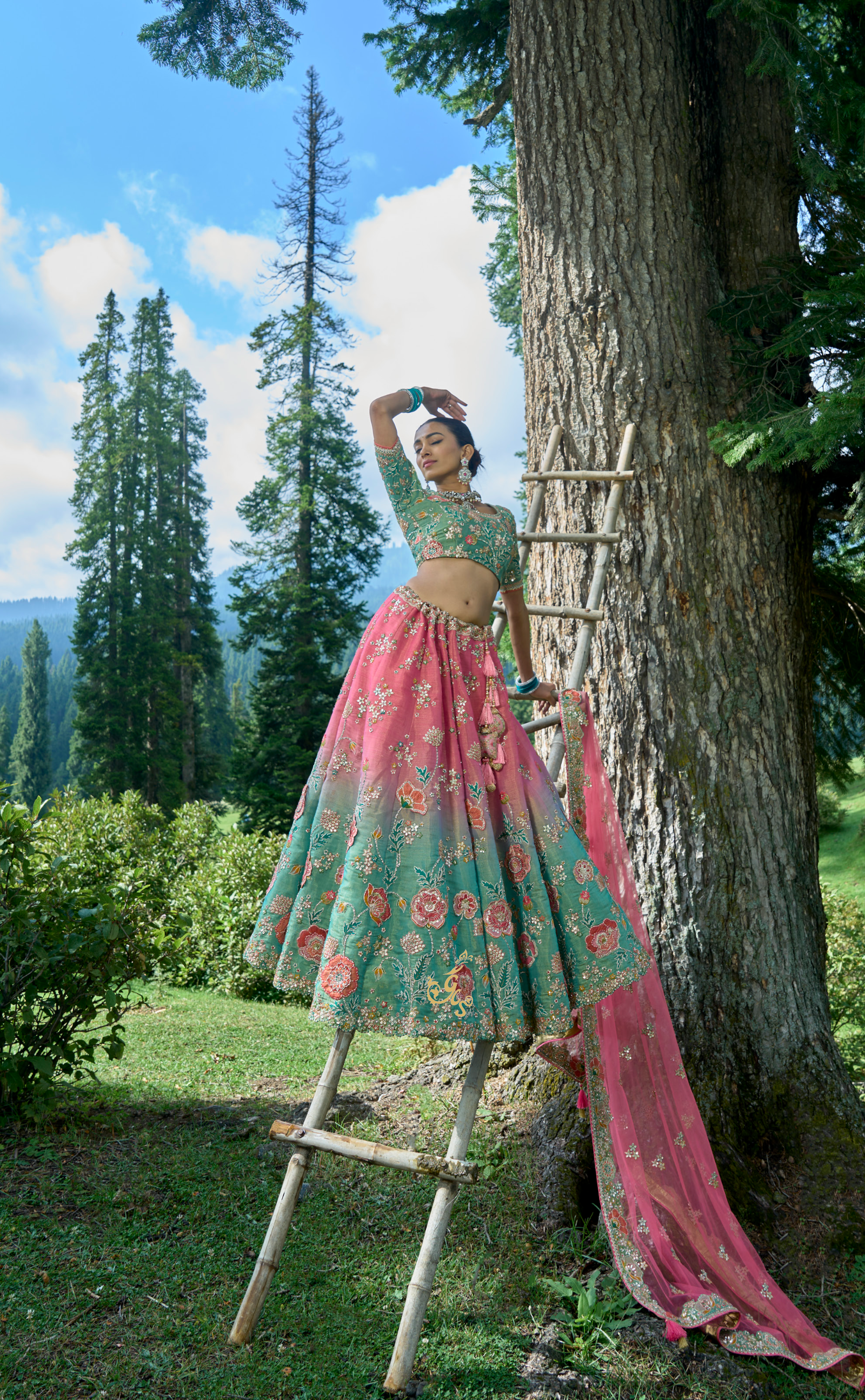 Blue Pink Shaded Embroidered Lehenga In Vegan Soft Tissue