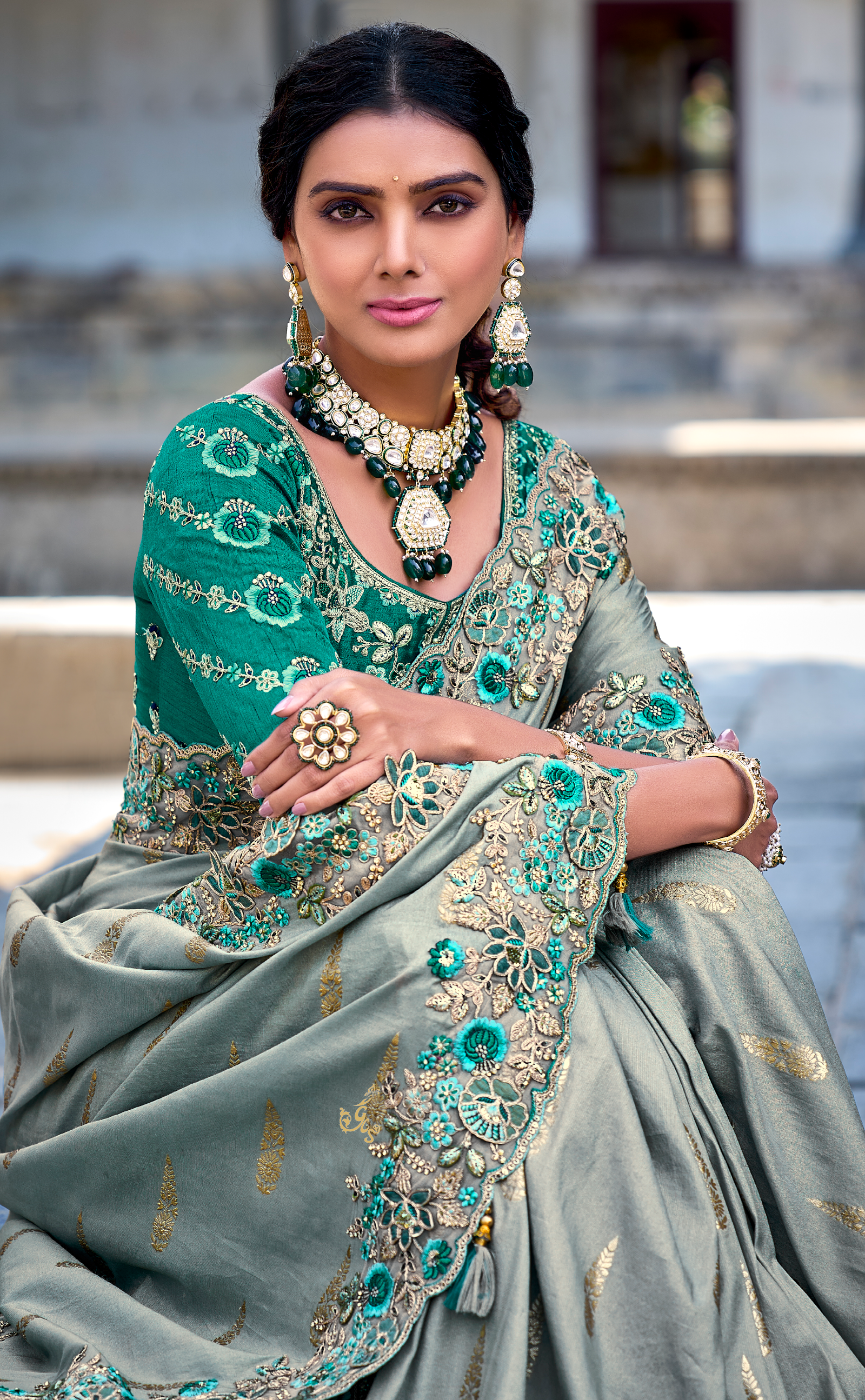 Blue Smoke Embroidered Saree In Banarasi Vegan Tissue Silk