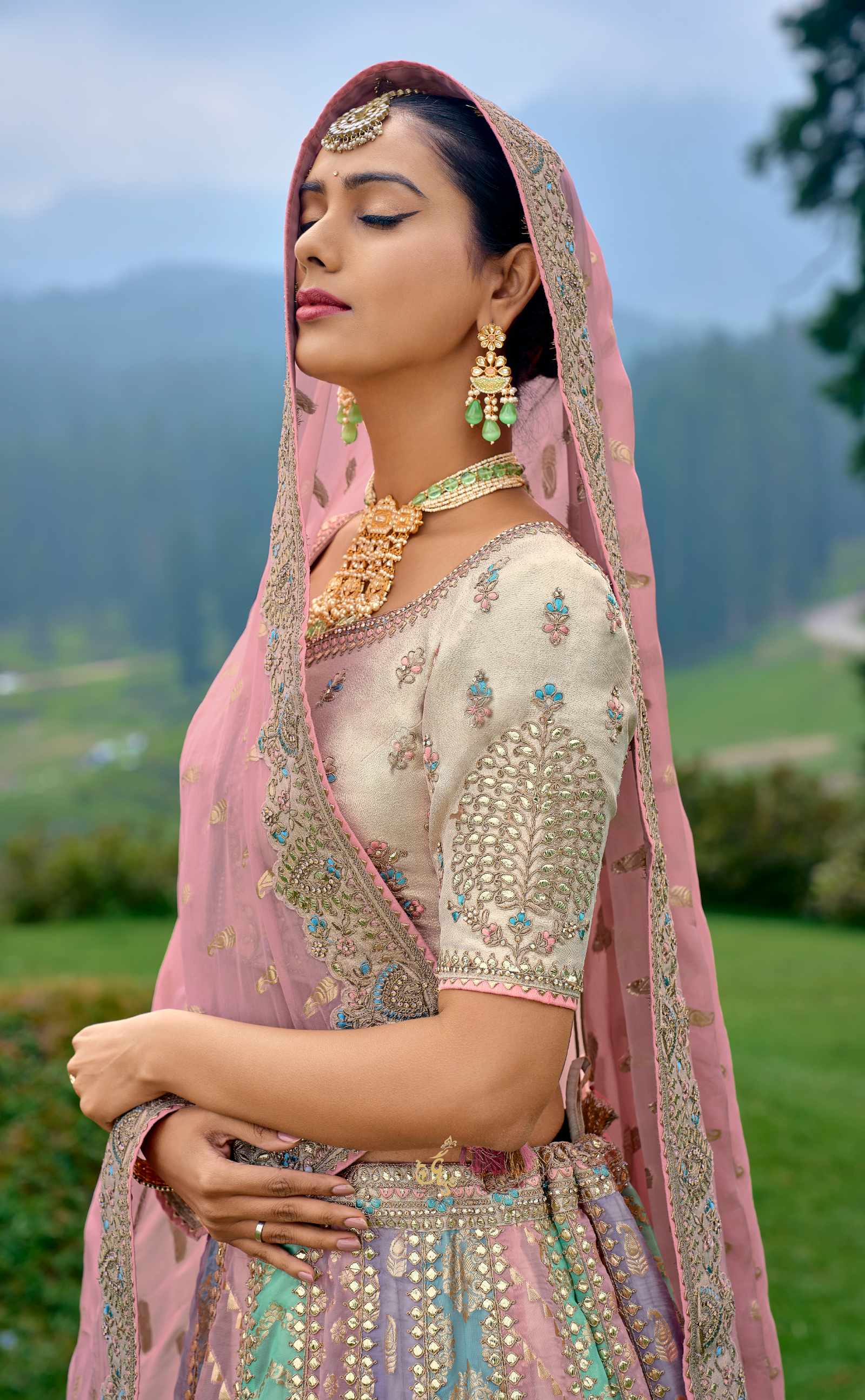 Multicoloured Embroidered Lehenga In Banarasi Vegan Organza