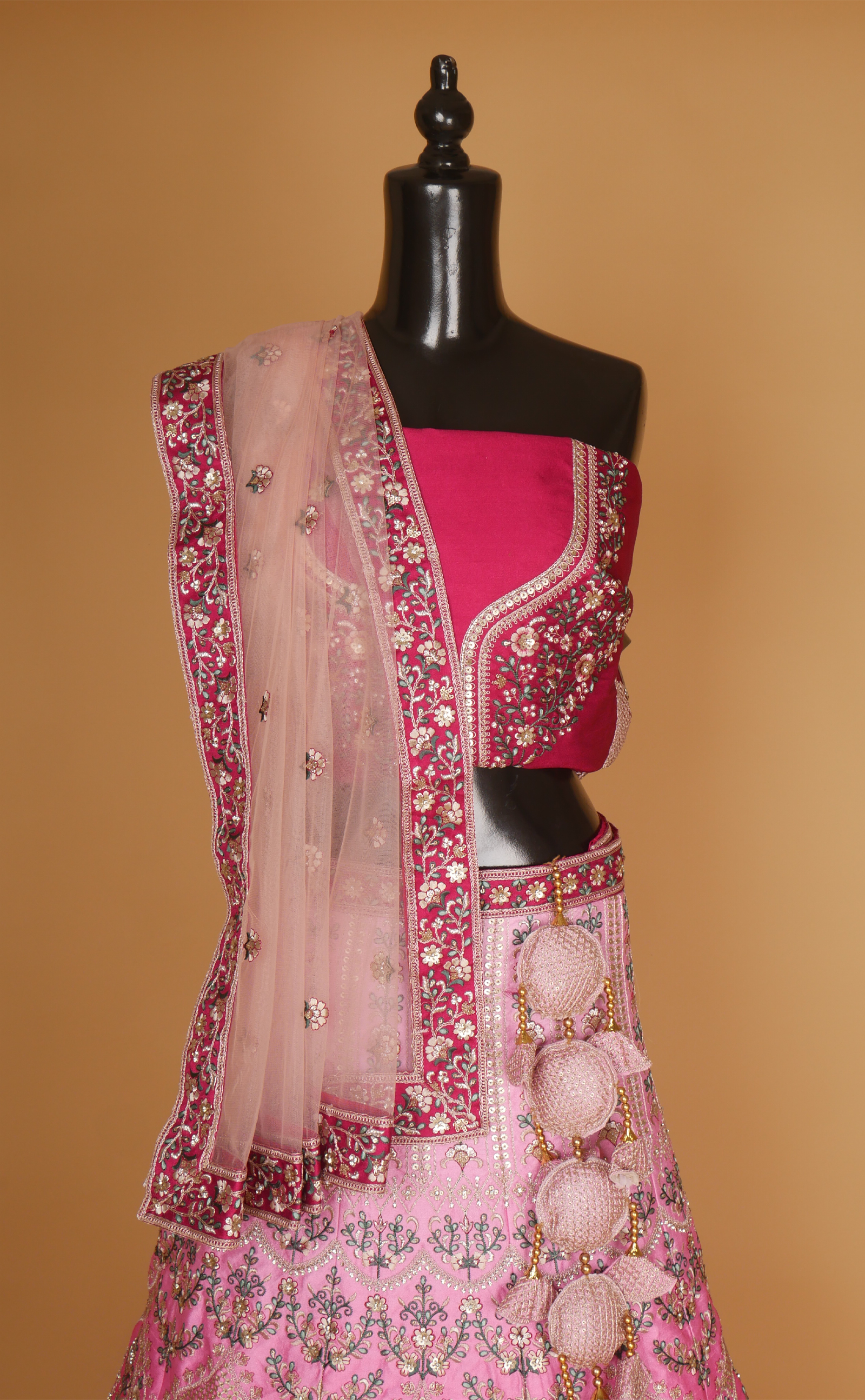 Rani Pink Shaded Embroidered Lehenga In Vegan Raw Silk