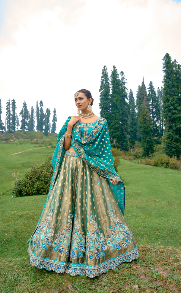 Greenish Blue Embroidered Lehenga In Banarasi Vegan Soft Tissue