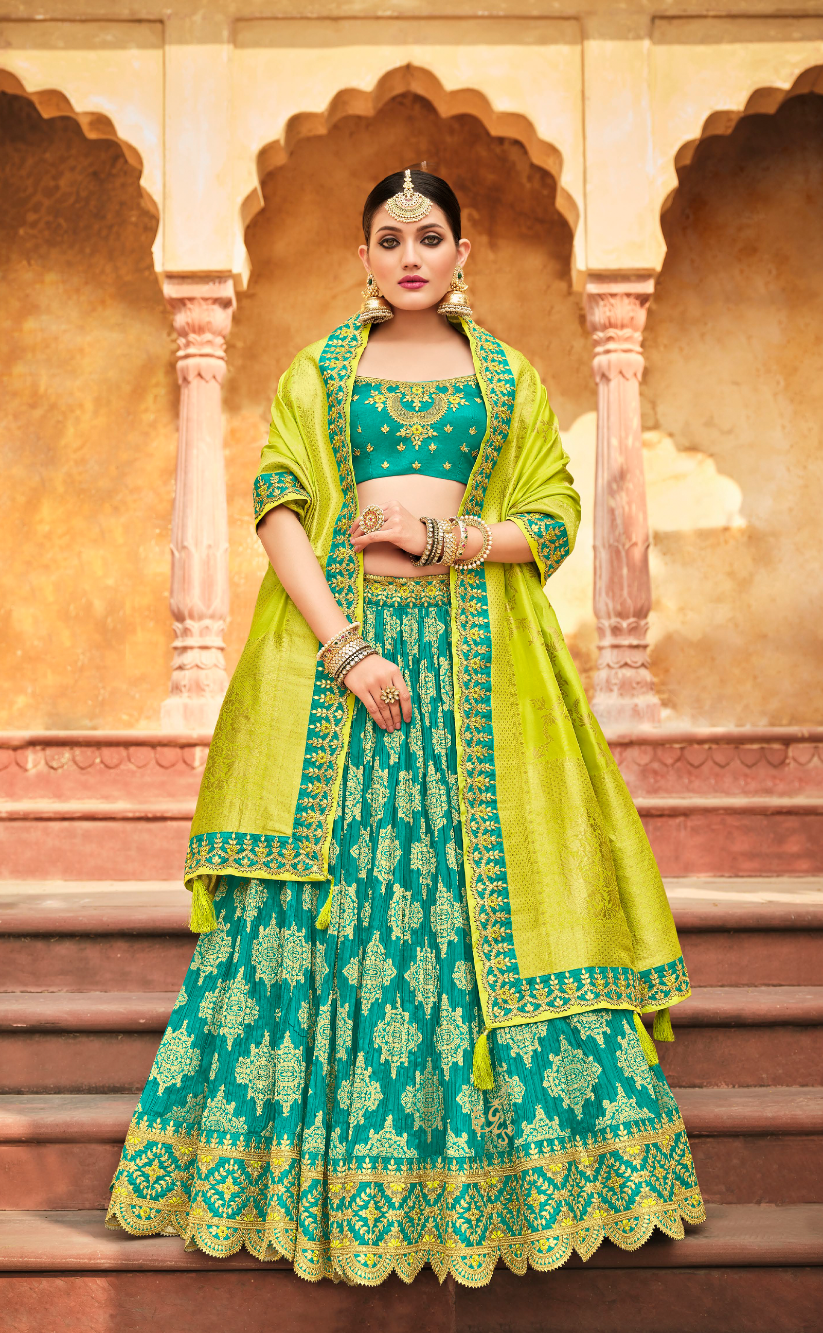 Firozi Blue Embroidered Lehenga In Vegan Banarasi Crush Silk