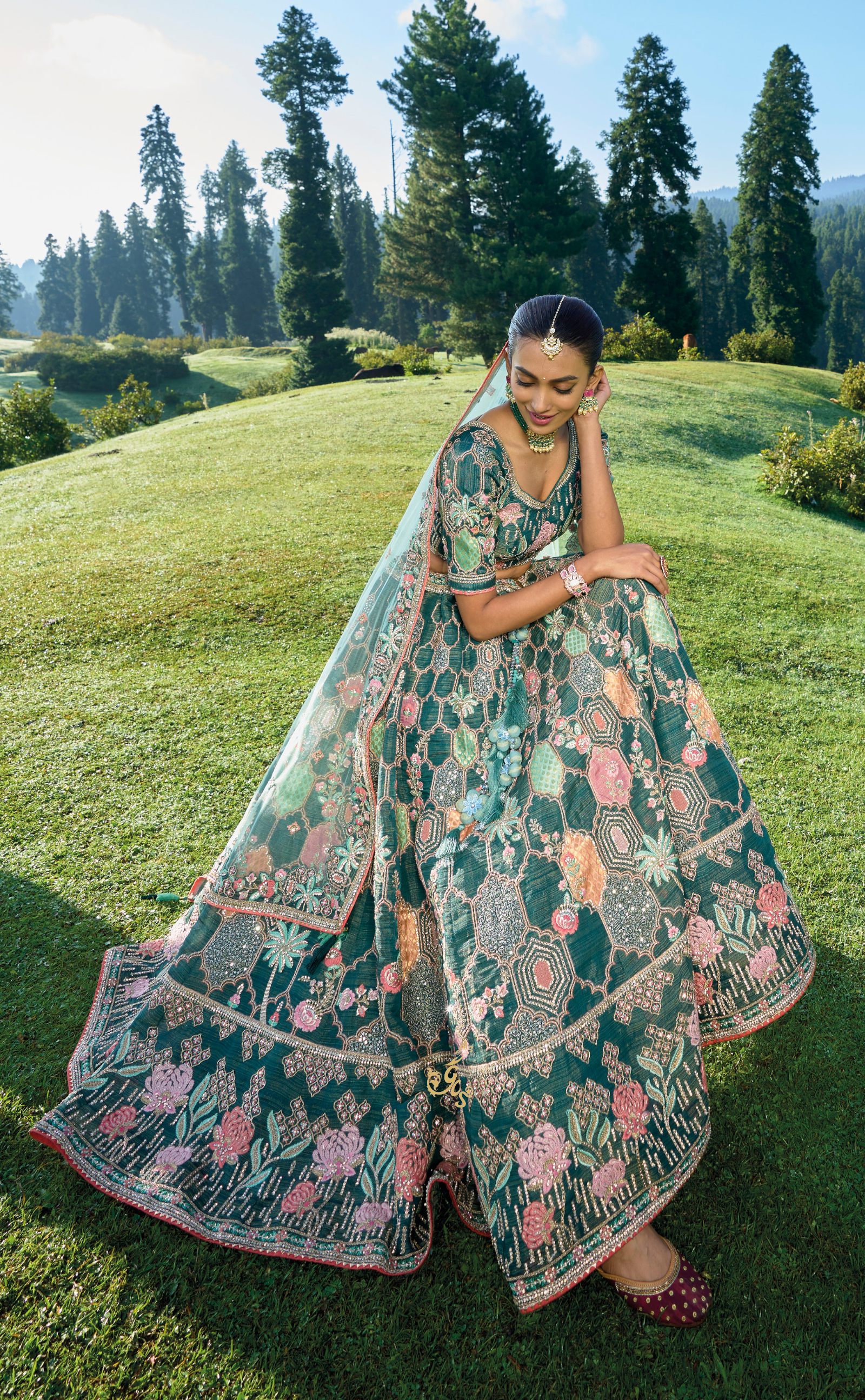 Mineral Green Embroidered Lehenga In Vegan Soft Tissue