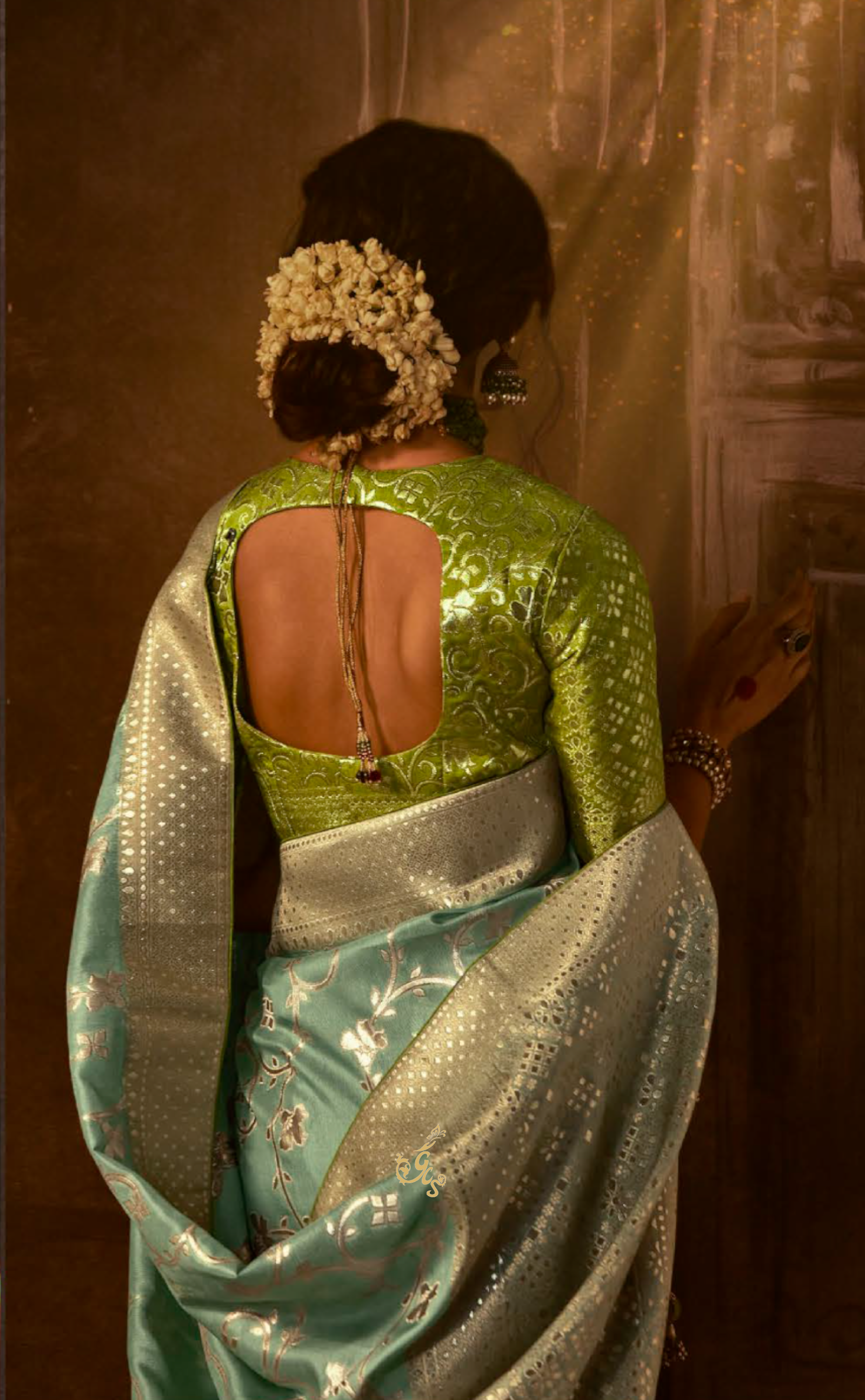 Sage Green Saree In Banarasi Vegan Muga Silk