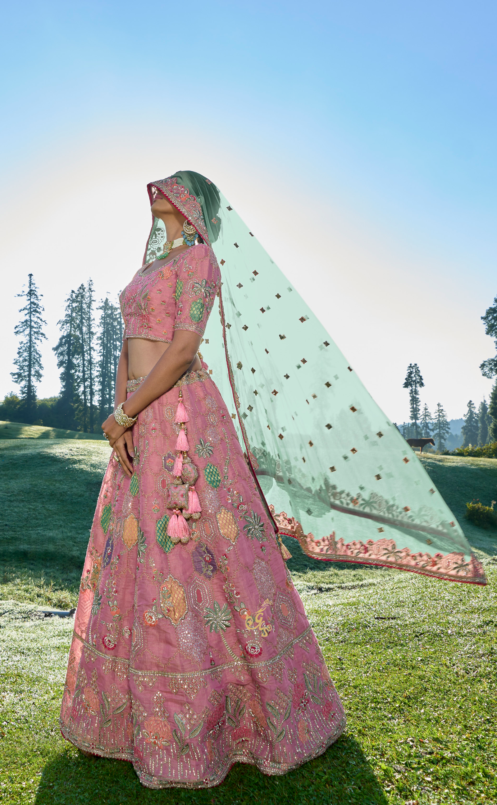 Pink Embroidered Lehenga In Vegan Soft Tissue