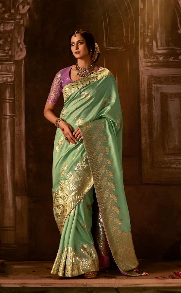 Dusty Green Saree In Banarasi Vegan Muga Silk