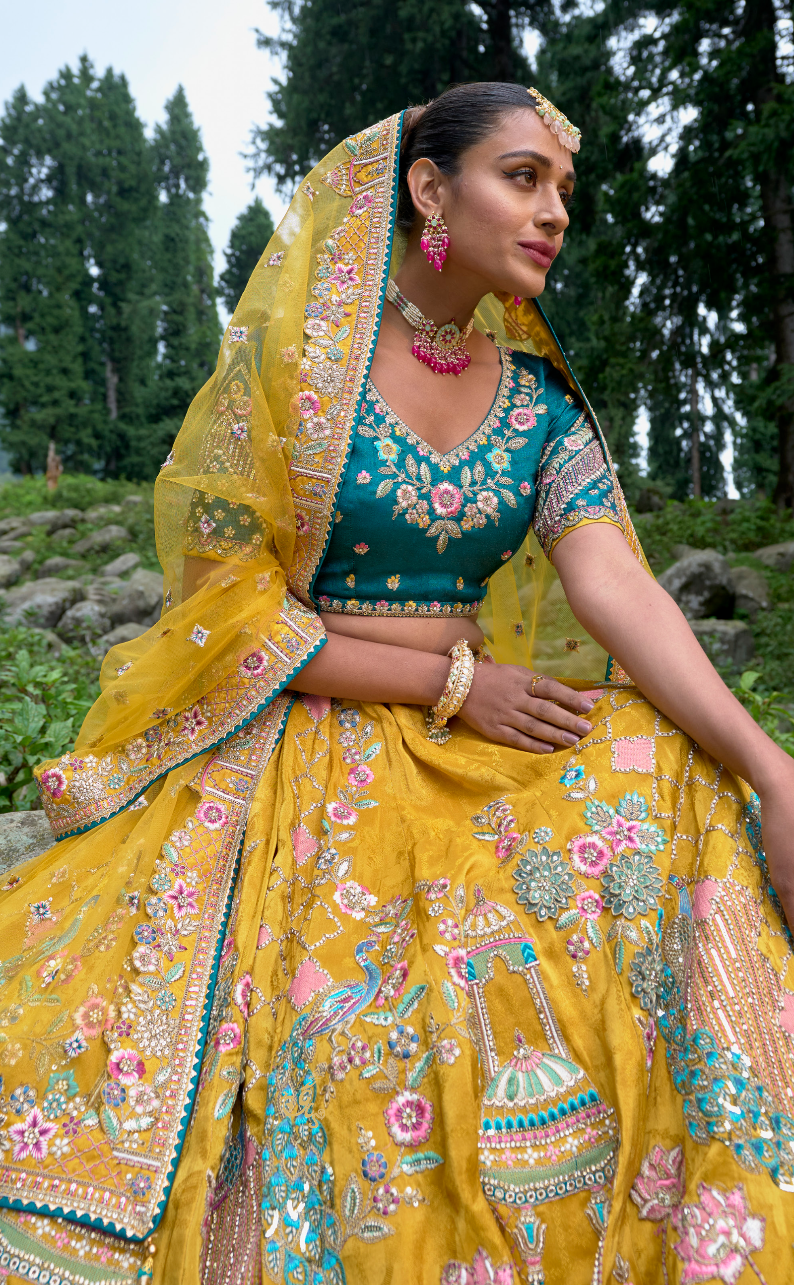 Mustard Embroidered Lehenga In Banarasi Vegan Silk