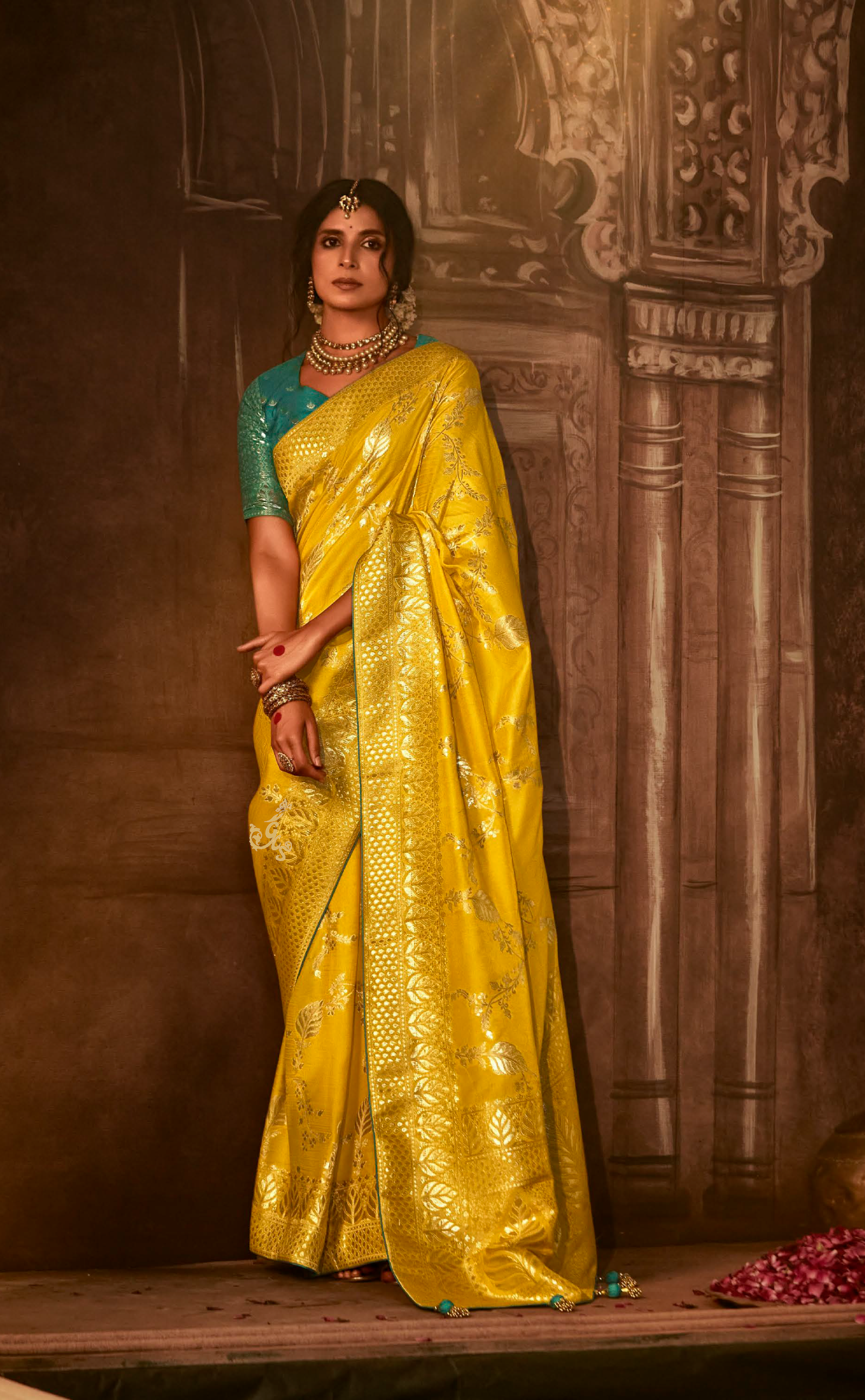 Burnt Yellow Saree In Banarasi Vegan Muga Silk