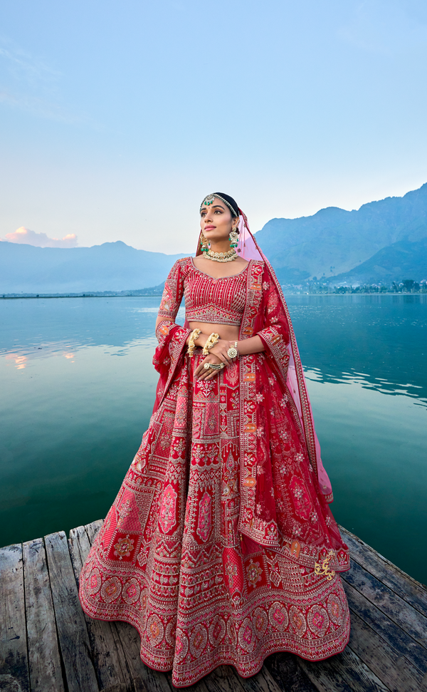 Red Embroidered Bridal Lehenga In Vegan Raw Silk