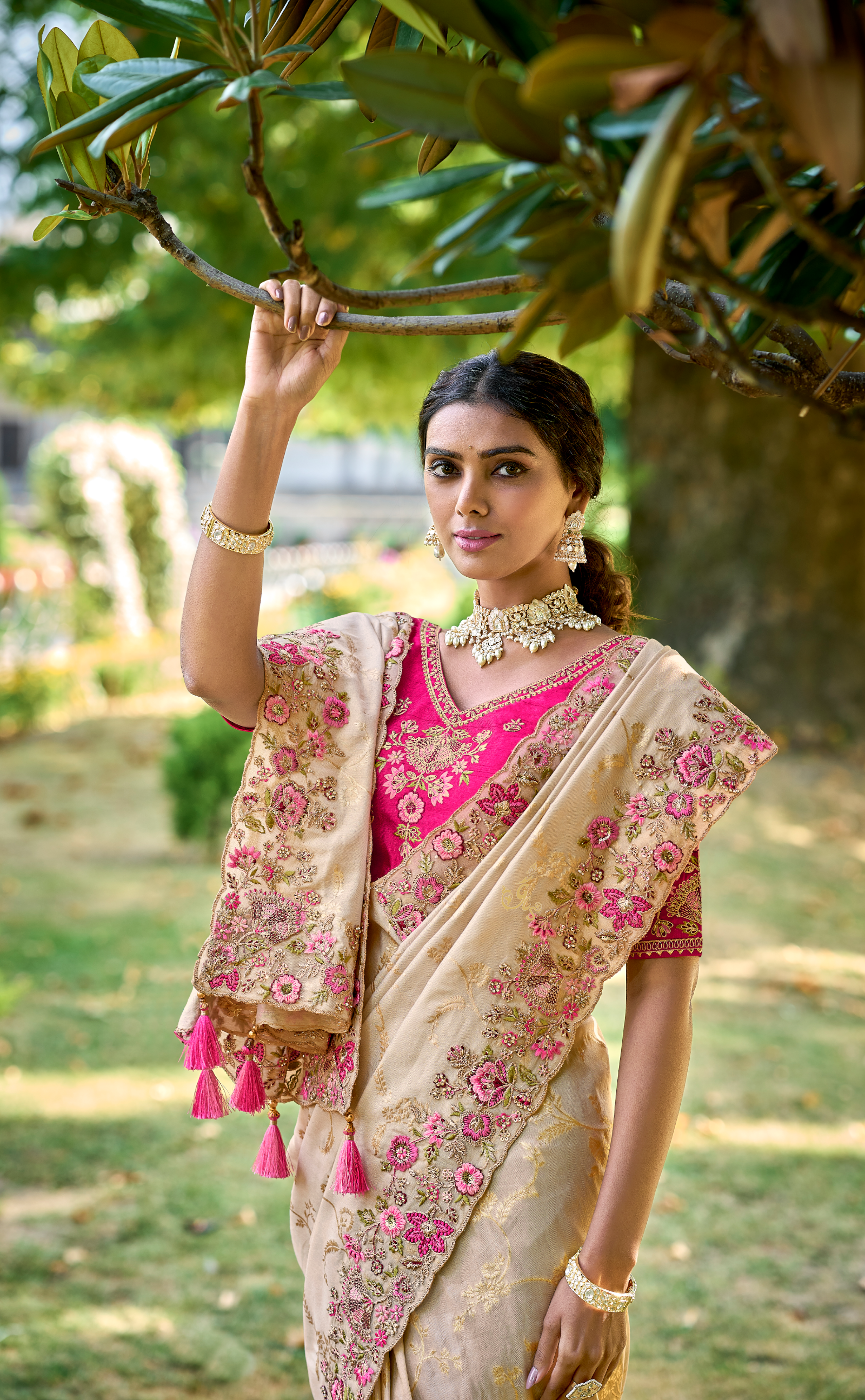 Vanilla Embroidered Saree In Banarasi Vegan Tissue Silk