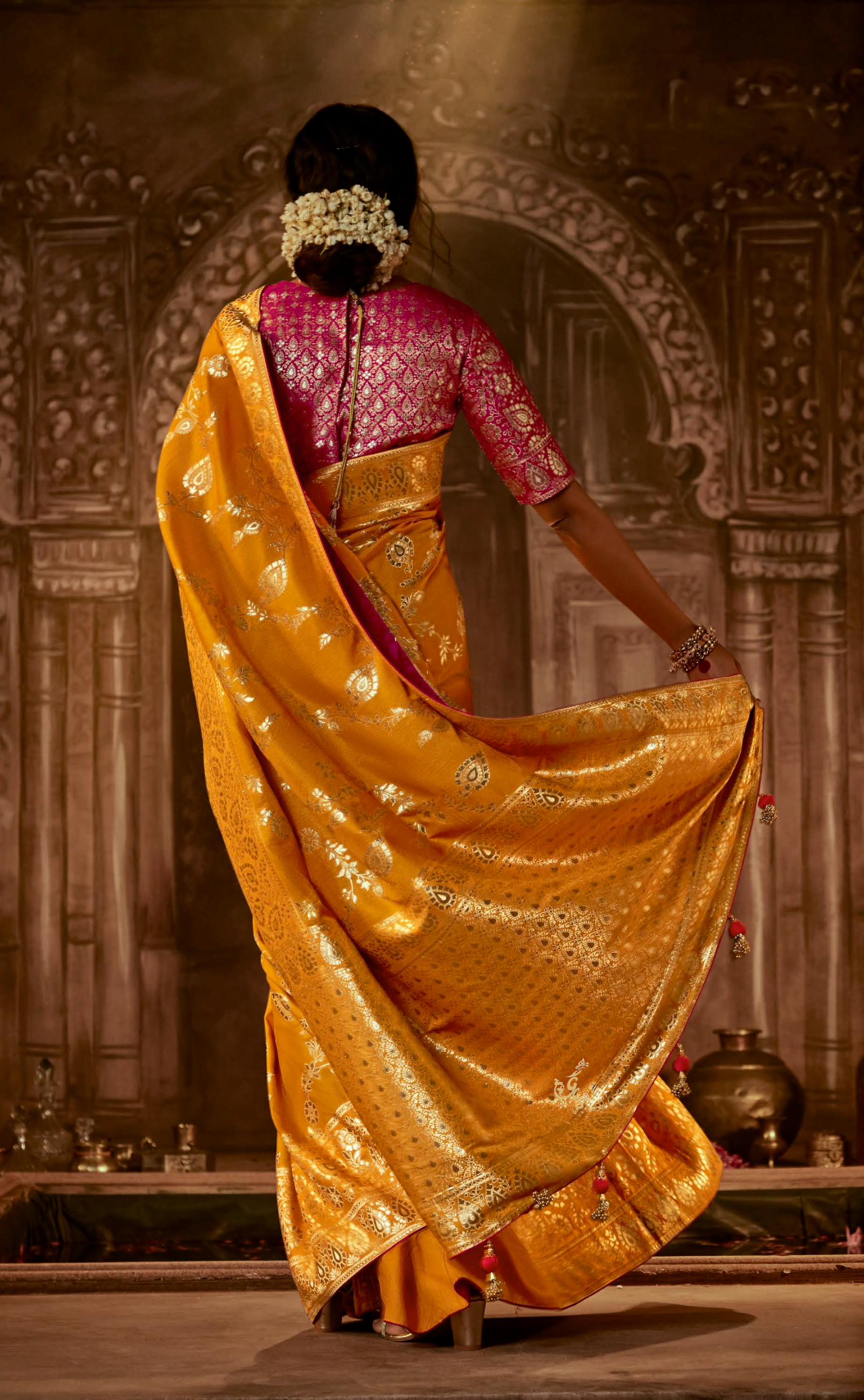 Mustard Saree In Banarasi Vegan Muga Silk