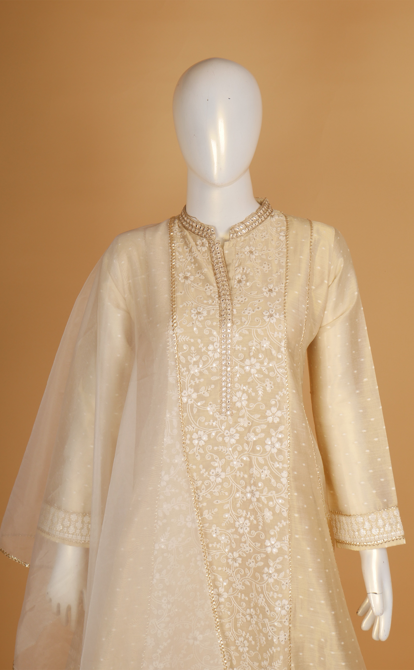 Gold Resham Embroidery Anarkali Dress In Vegan Tissue