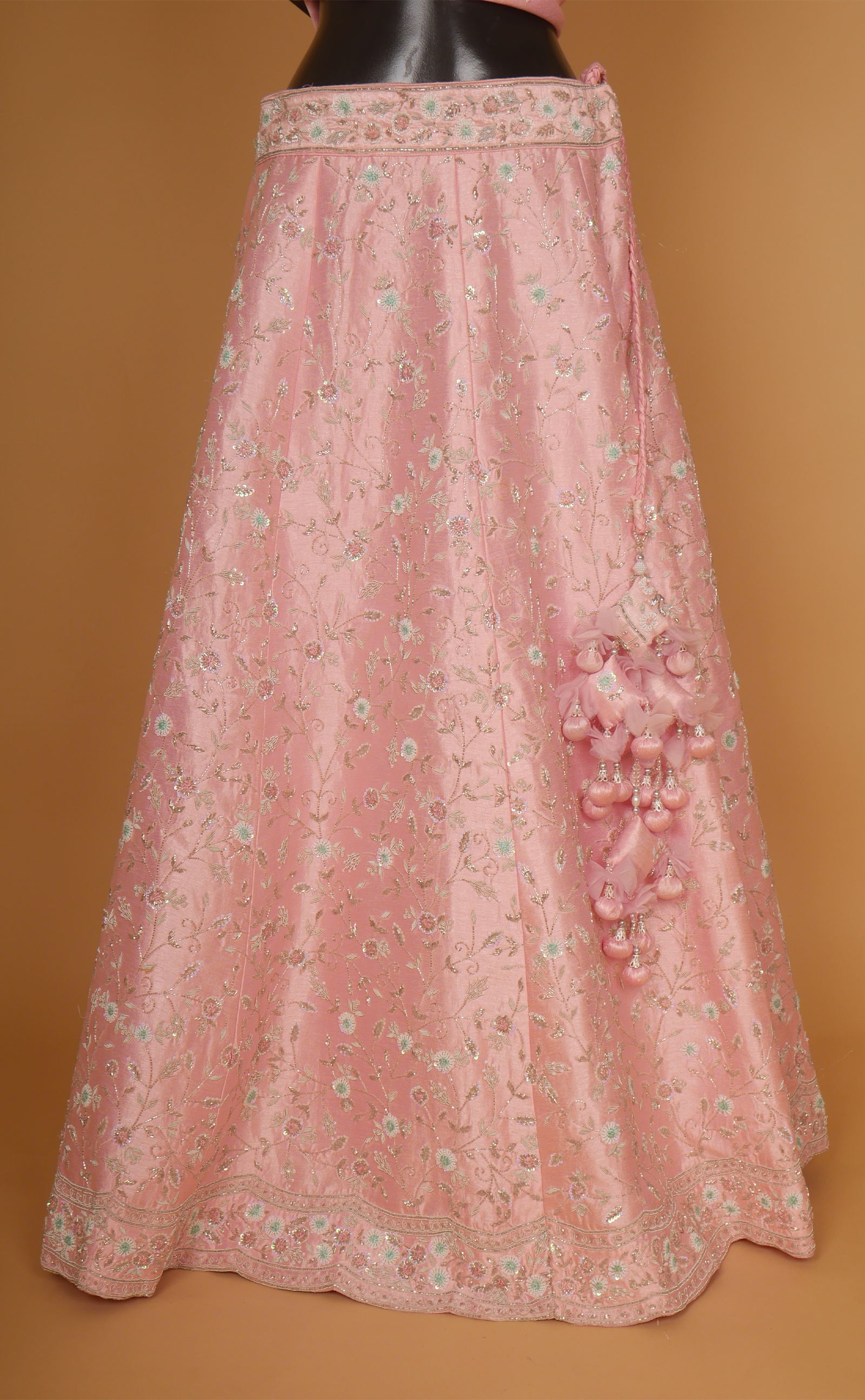 Soft Pink Hand Embroidery Bridal Lehenga In Vegan Raw Silk