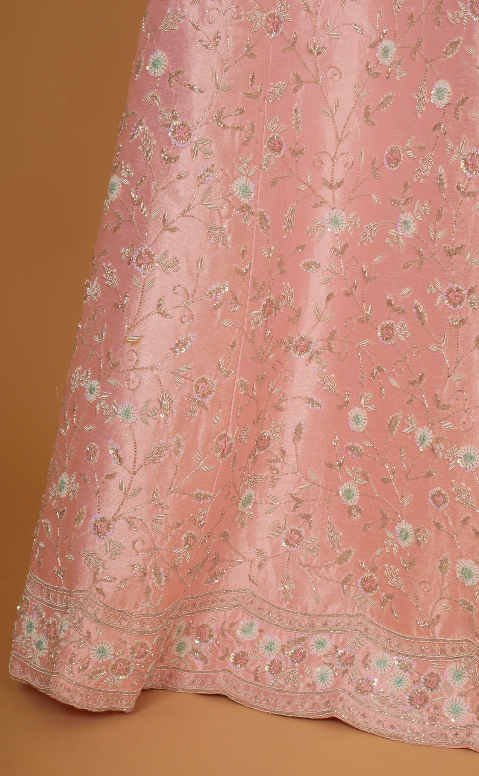 Soft Pink Hand Embroidery Bridal Lehenga In Vegan Raw Silk