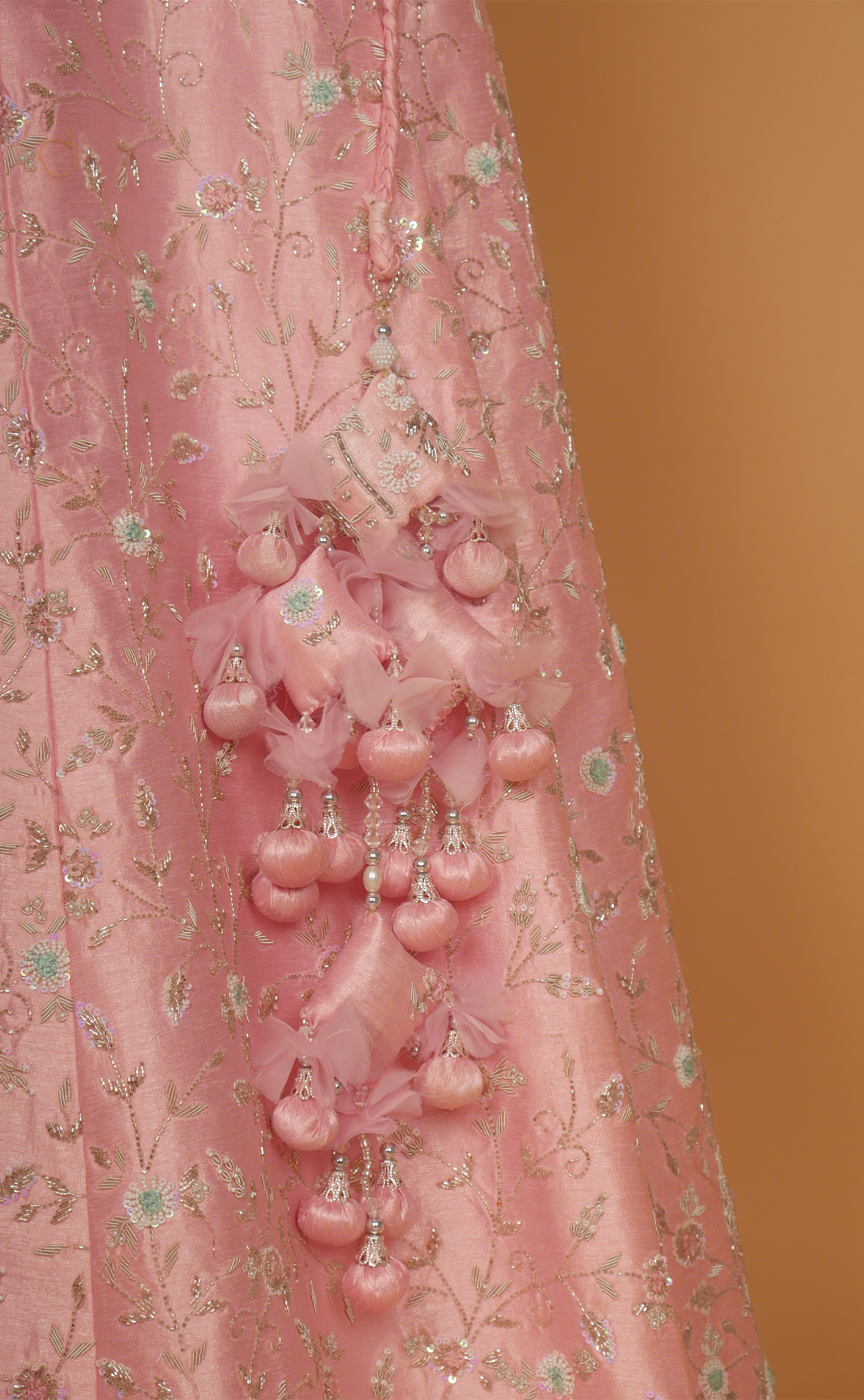 Soft Pink Hand Embroidery Bridal Lehenga In Vegan Raw Silk